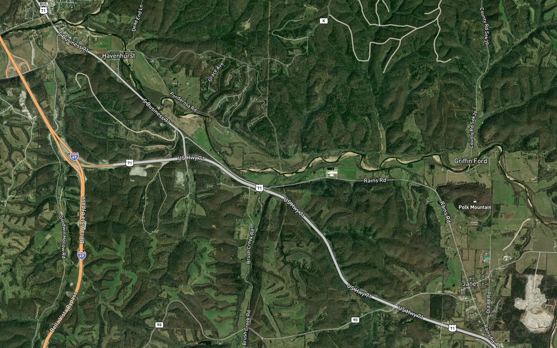 Satellite map of the Brush Creek