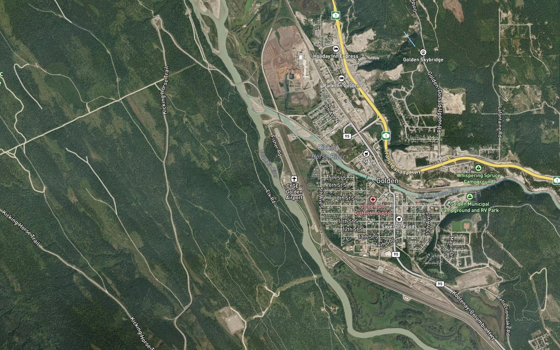 Satellite map of the Kicking Horse River