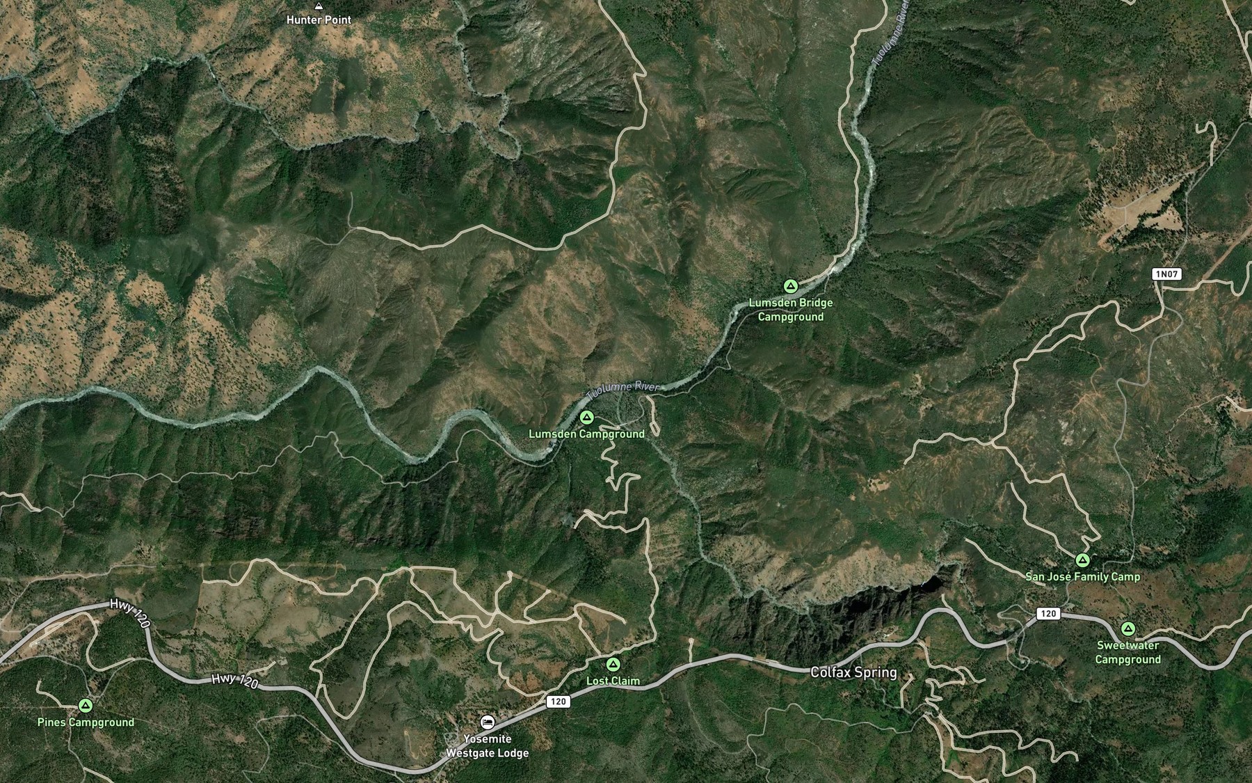 Satellite map of the South Fork Tuolumne River