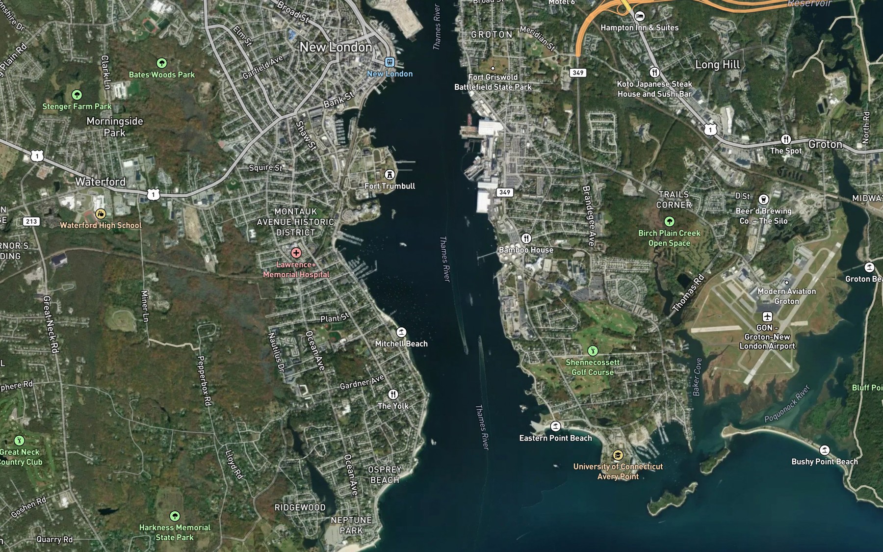 Satellite map of the New London Harbor