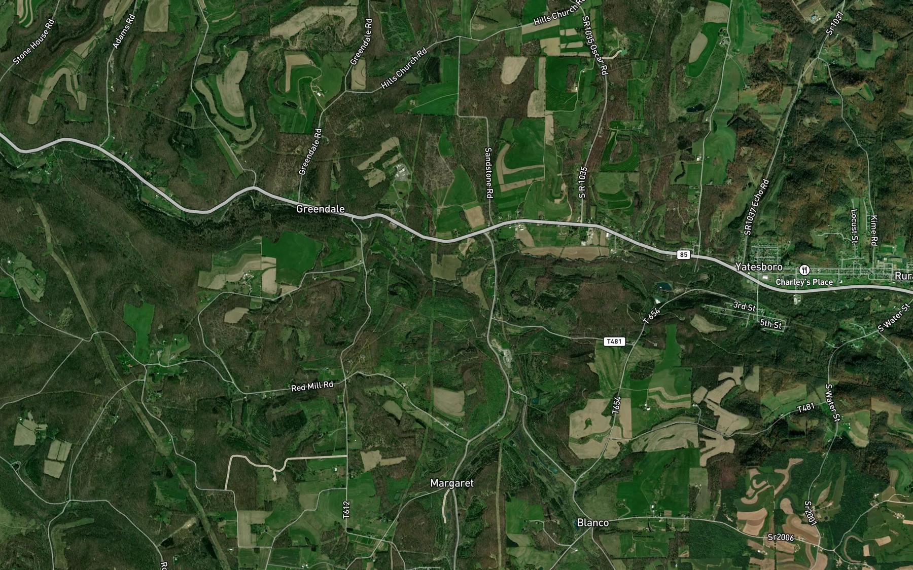 Satellite map of the Huskins Run