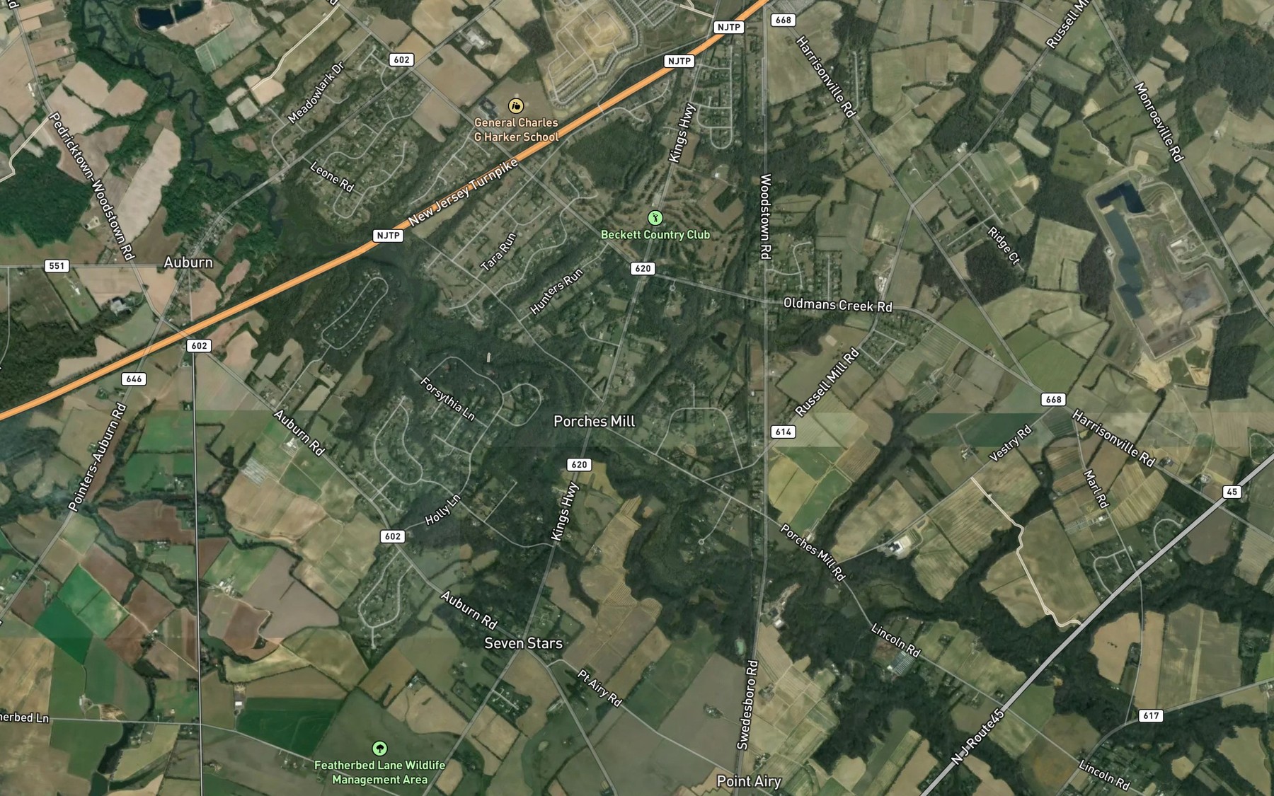 Satellite map of the Porches Mill Pond