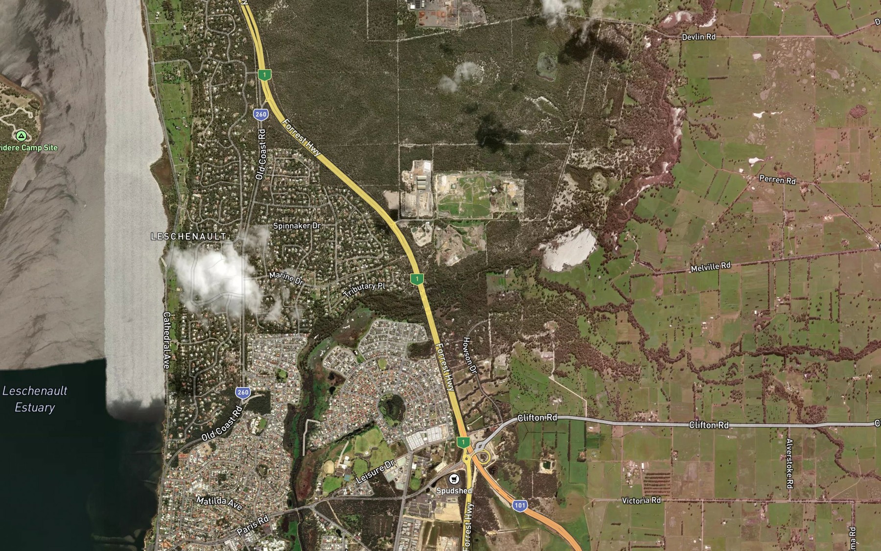 Satellite map of the Brunswick River