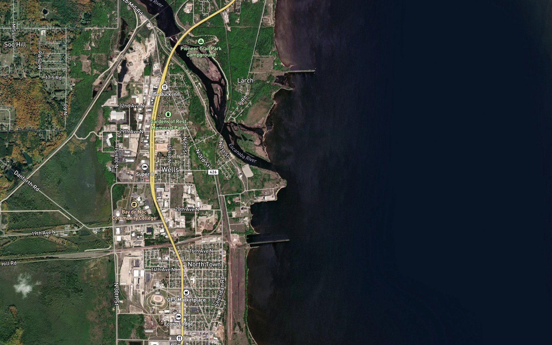 Satellite map of the Escanaba River