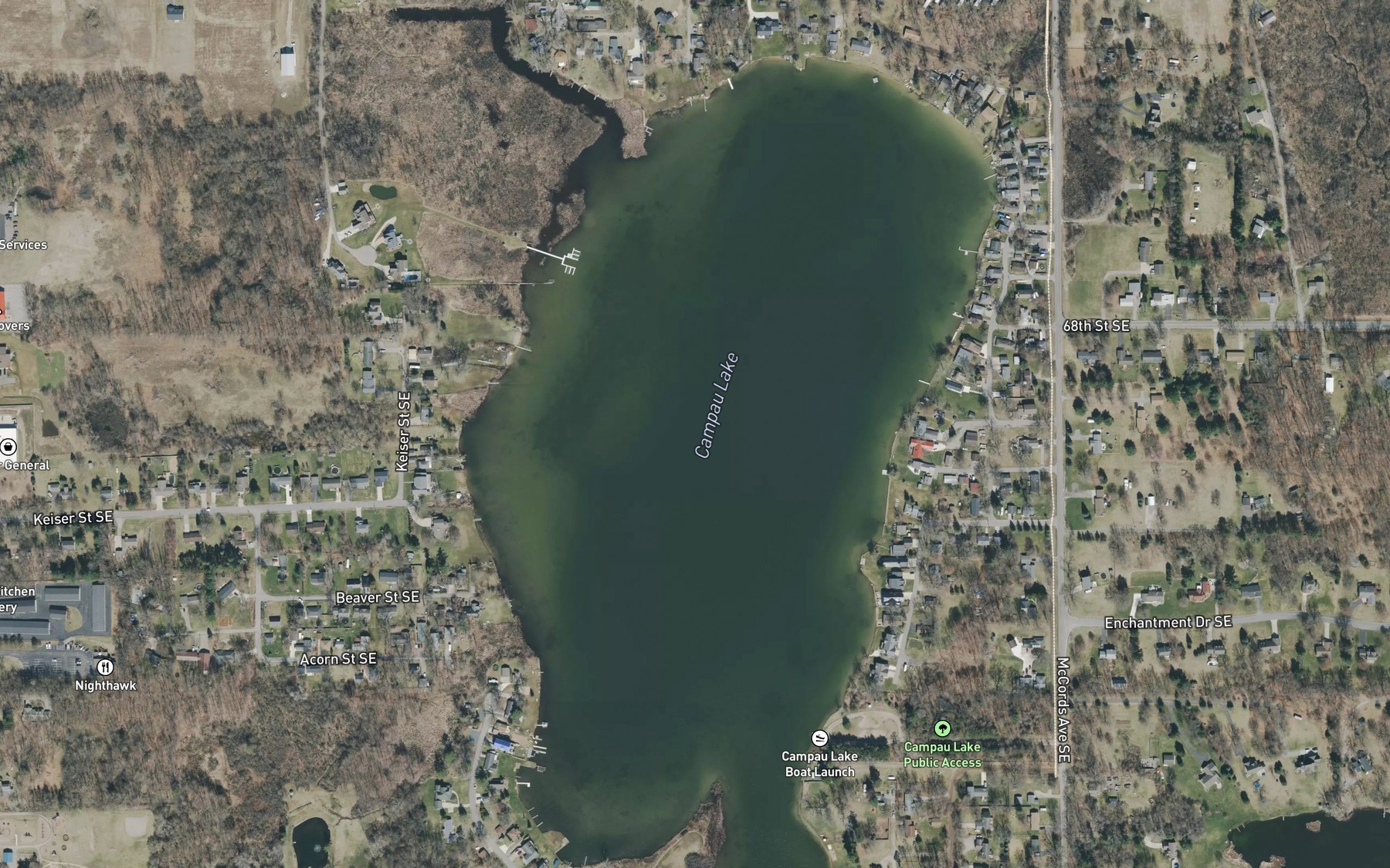 Satellite map of the Campau Lake