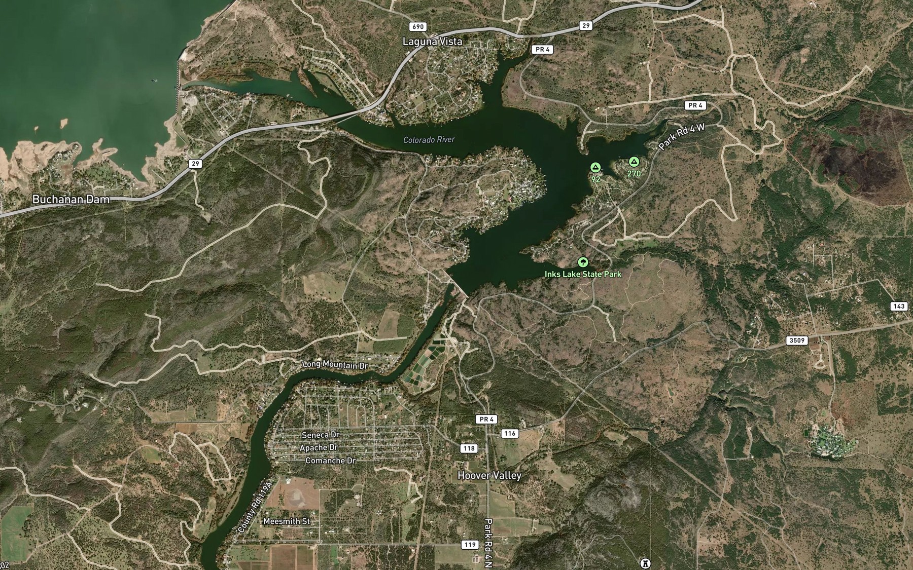Satellite map of the Inks Lake