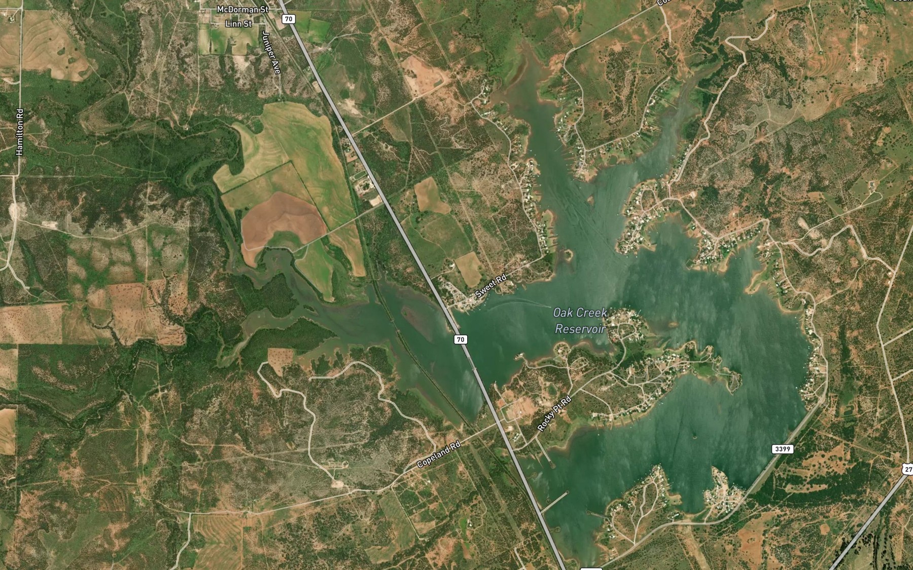 Satellite map of the Oak Creek Reservoir