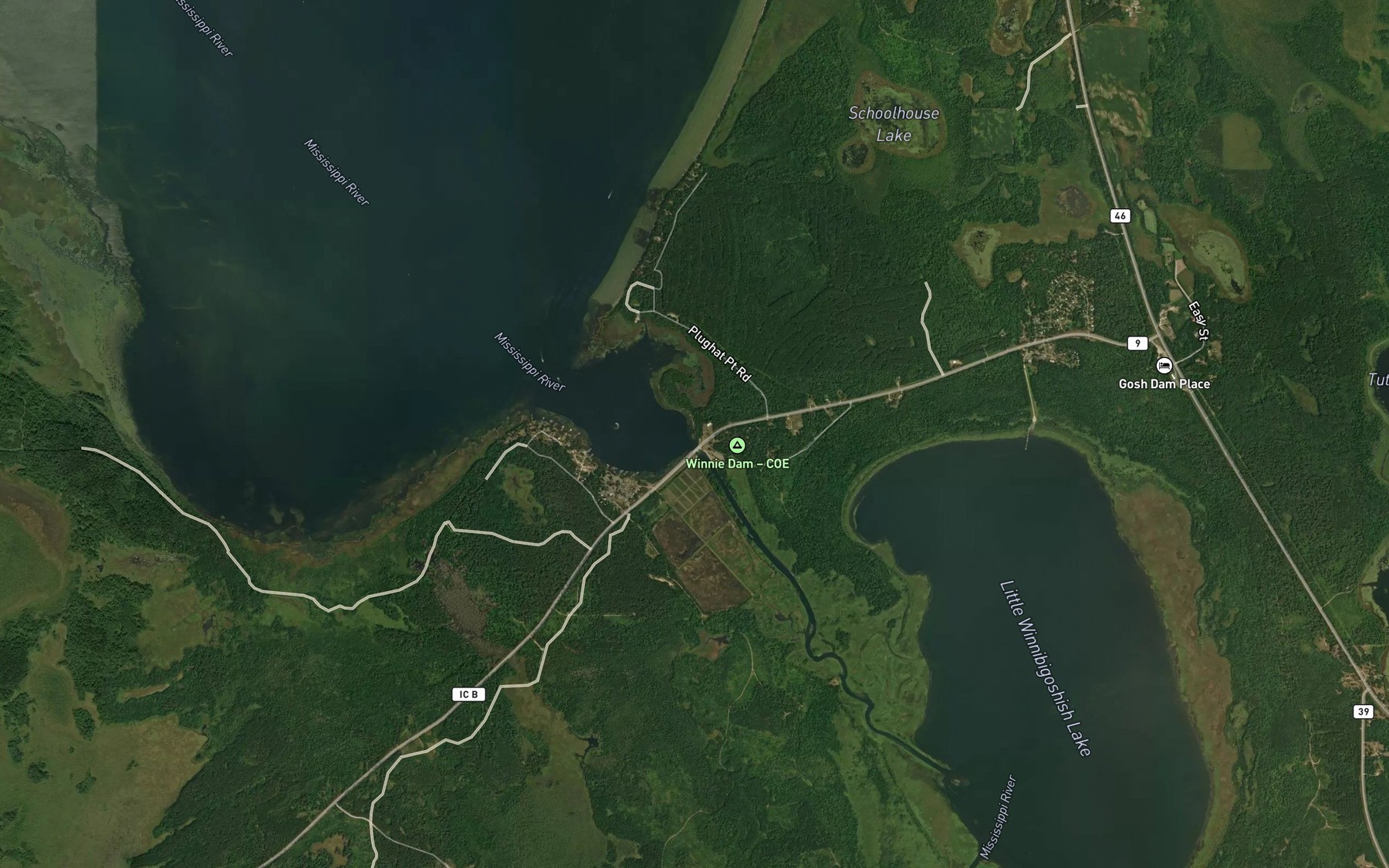 Satellite map of the Winnie Dam