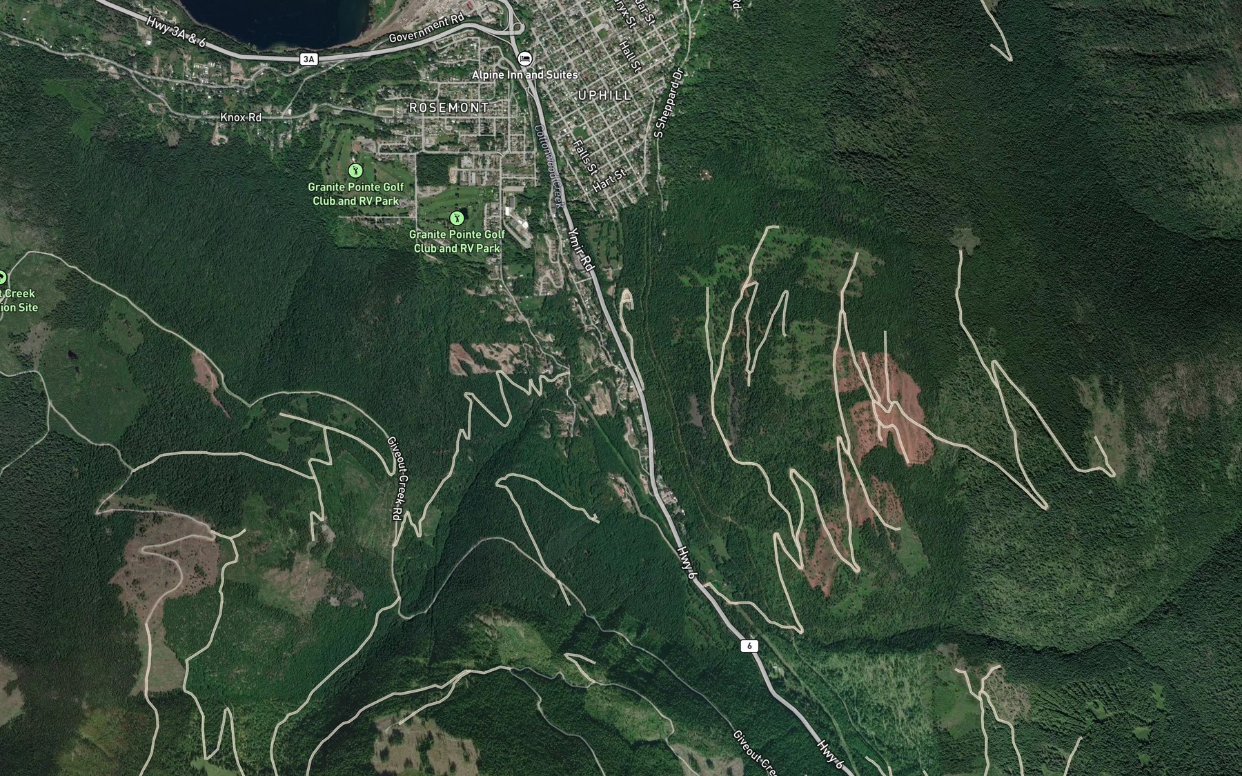 Satellite map of the Giveout Creek