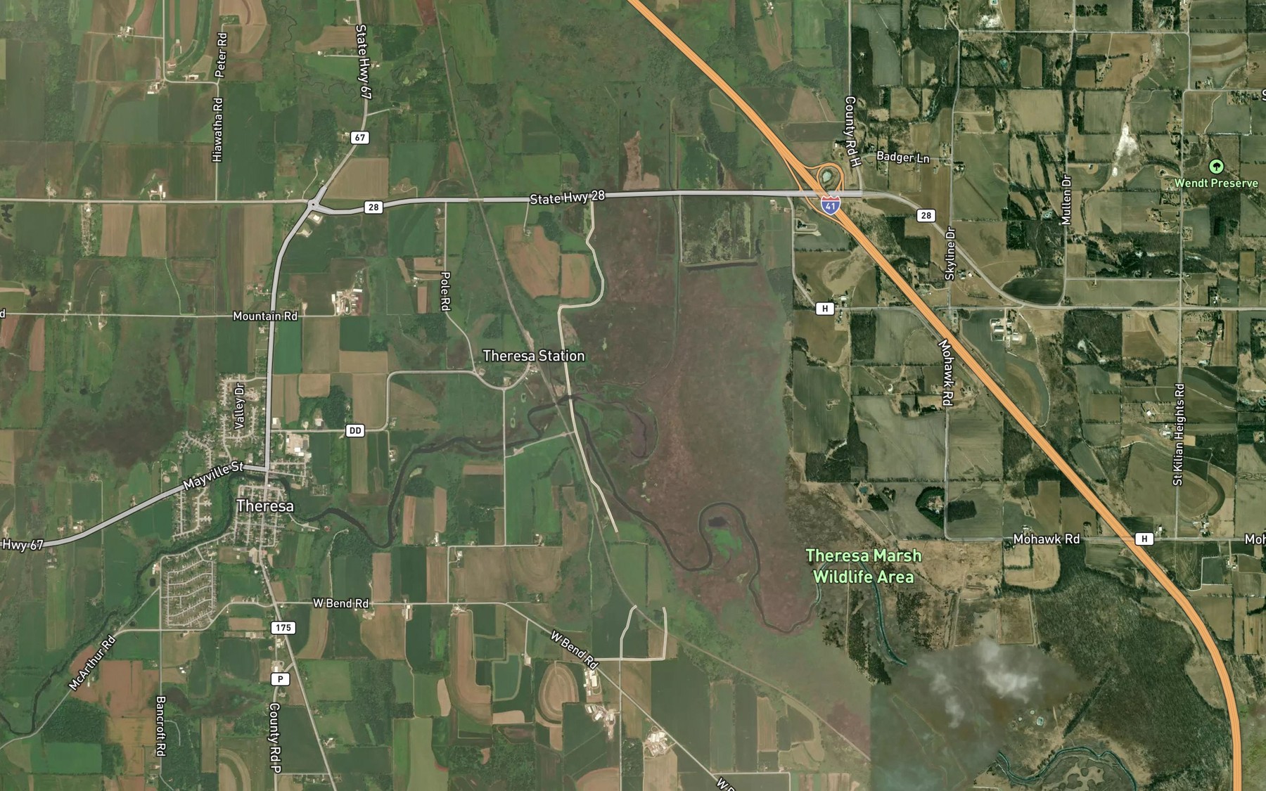 Satellite map of the Lomira Creek