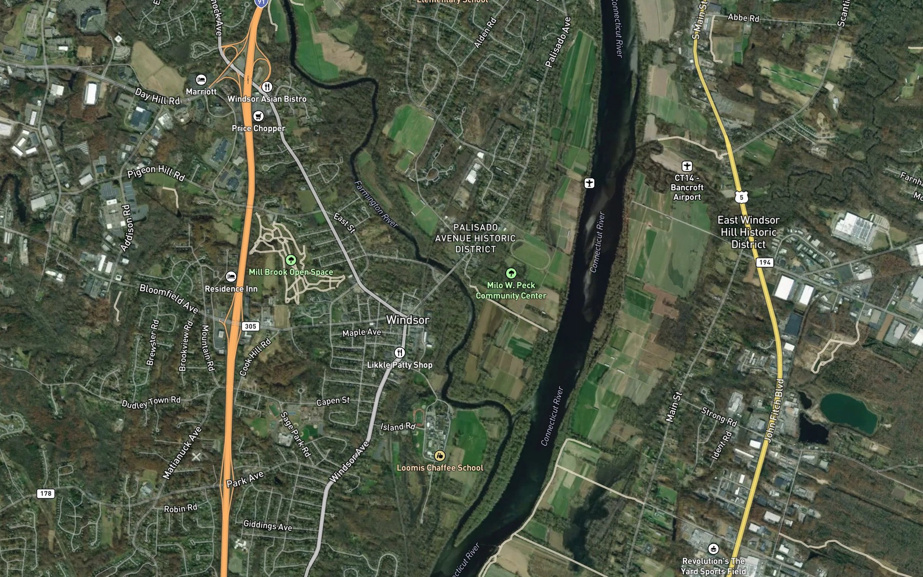 Satellite map of the Mill Brook