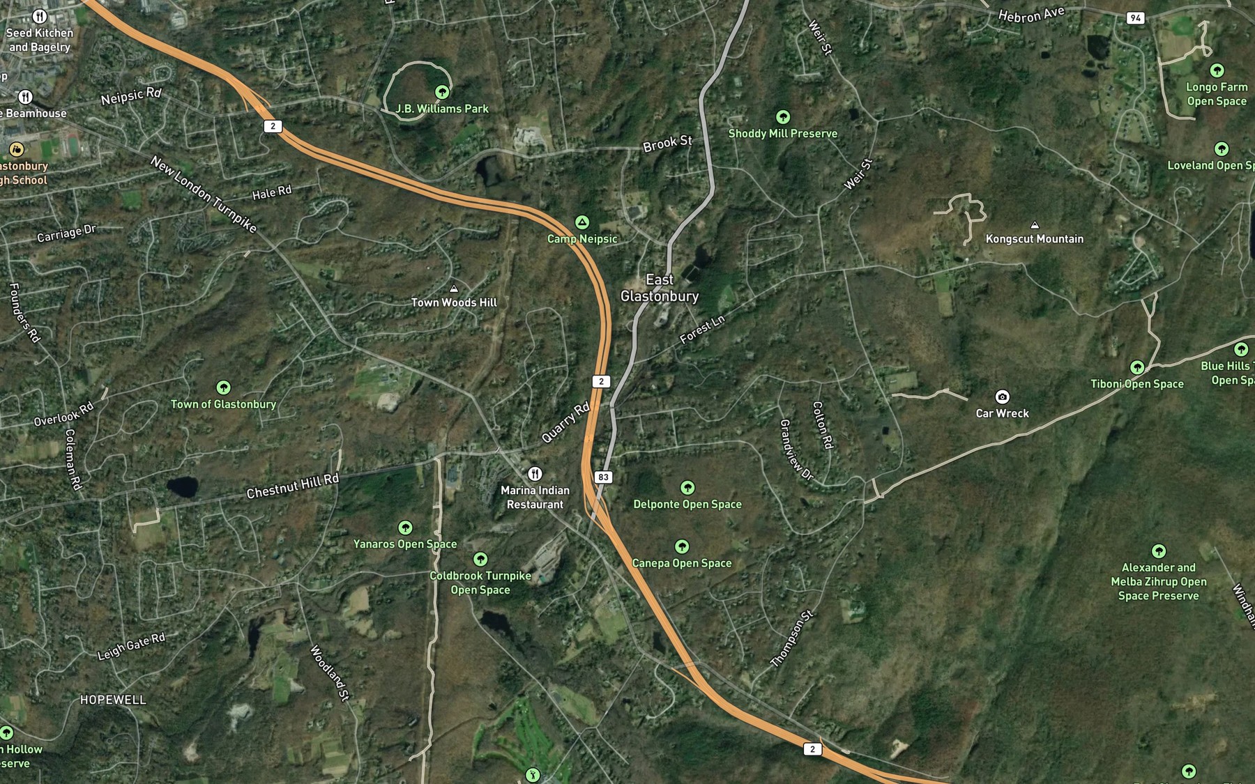 Satellite map of the Hodges Pond