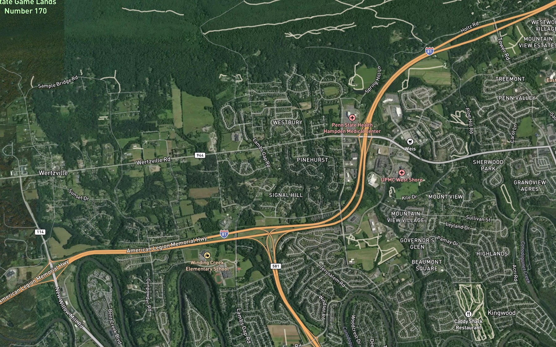 Satellite map of the Lambs Gap Run