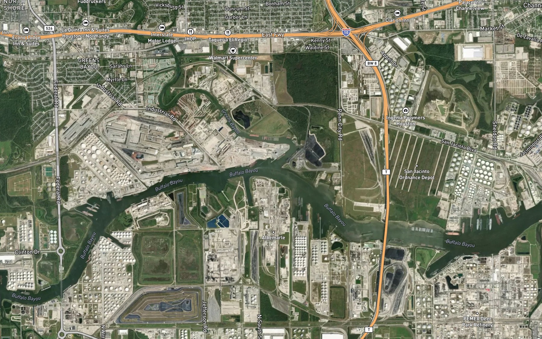 Satellite map of the Greens Bayou