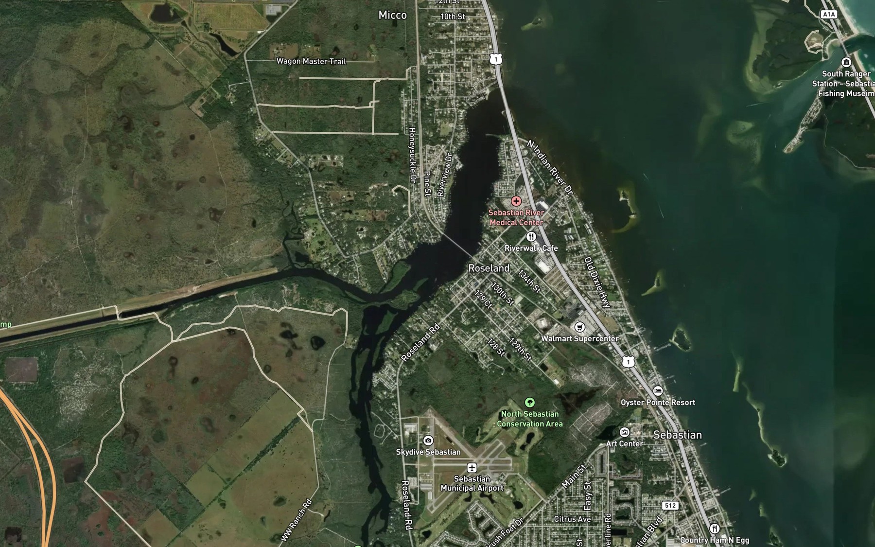 Satellite map of the St. Sebastian River