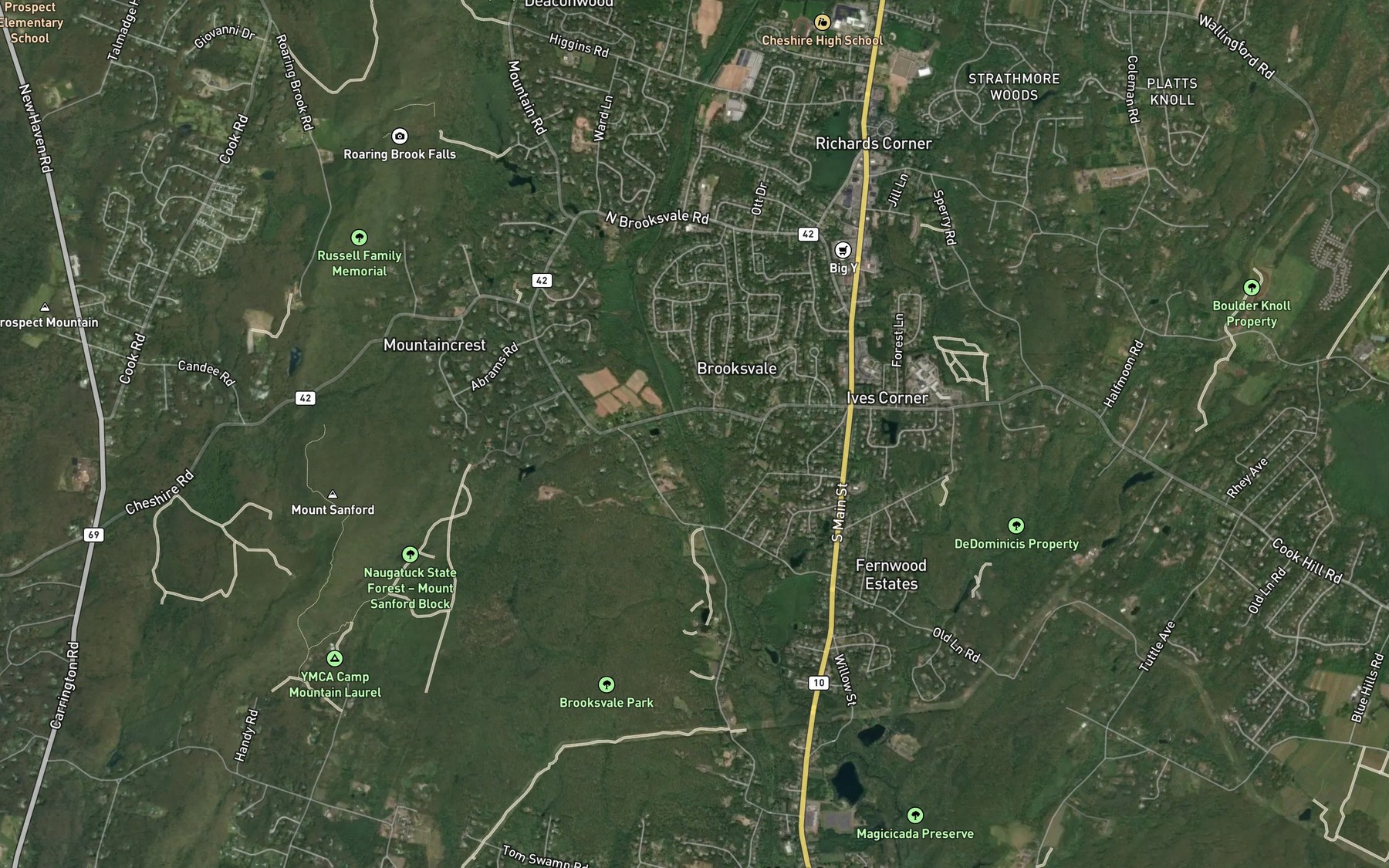 Satellite map of the Brooksvale Stream