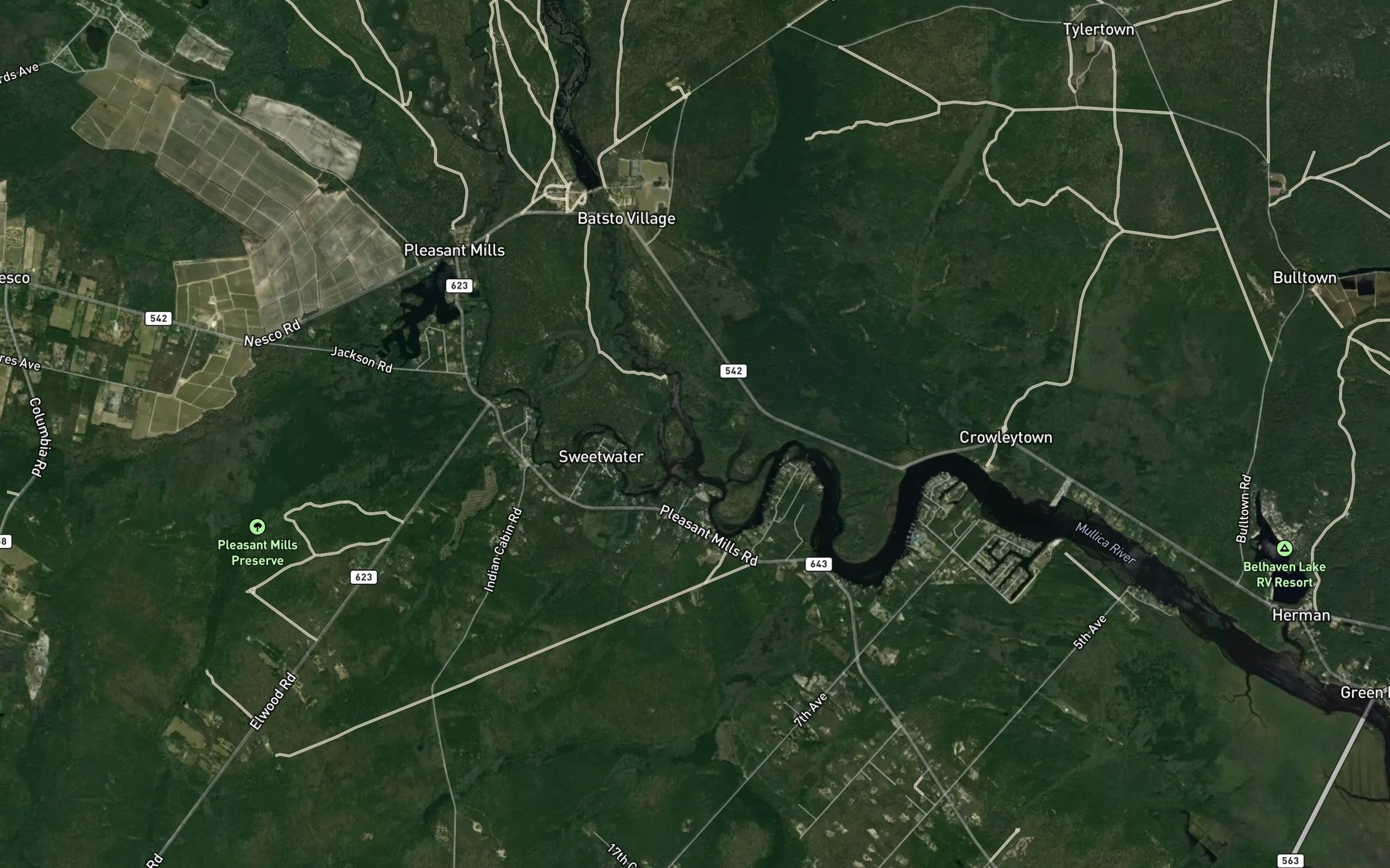 Satellite map of the Batsto River