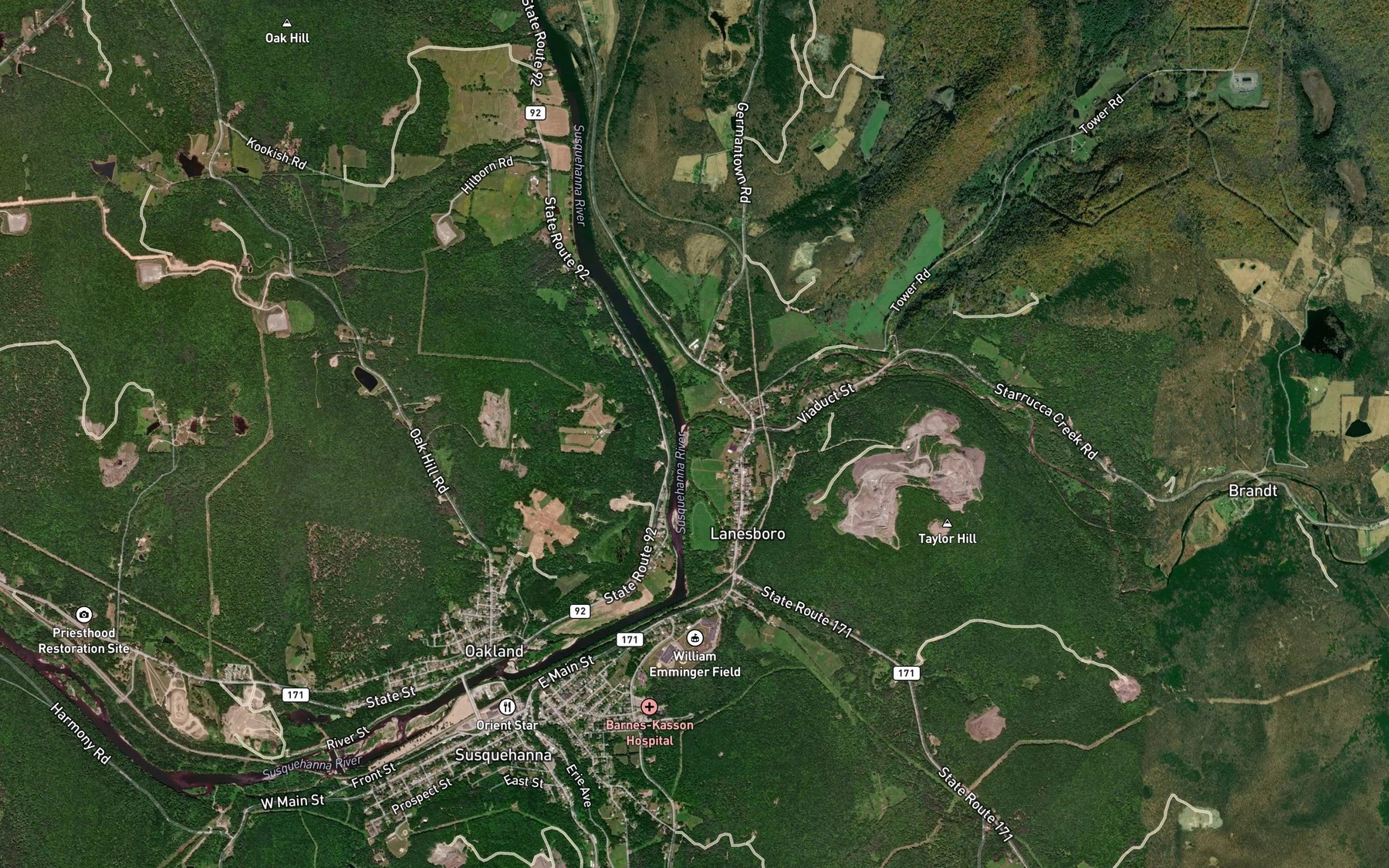Satellite map of the Starrucca Creek