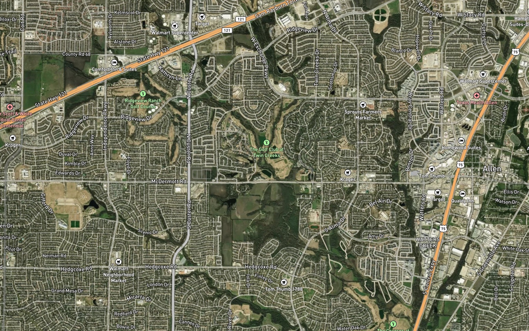 Satellite map of the West Rowlett Creek