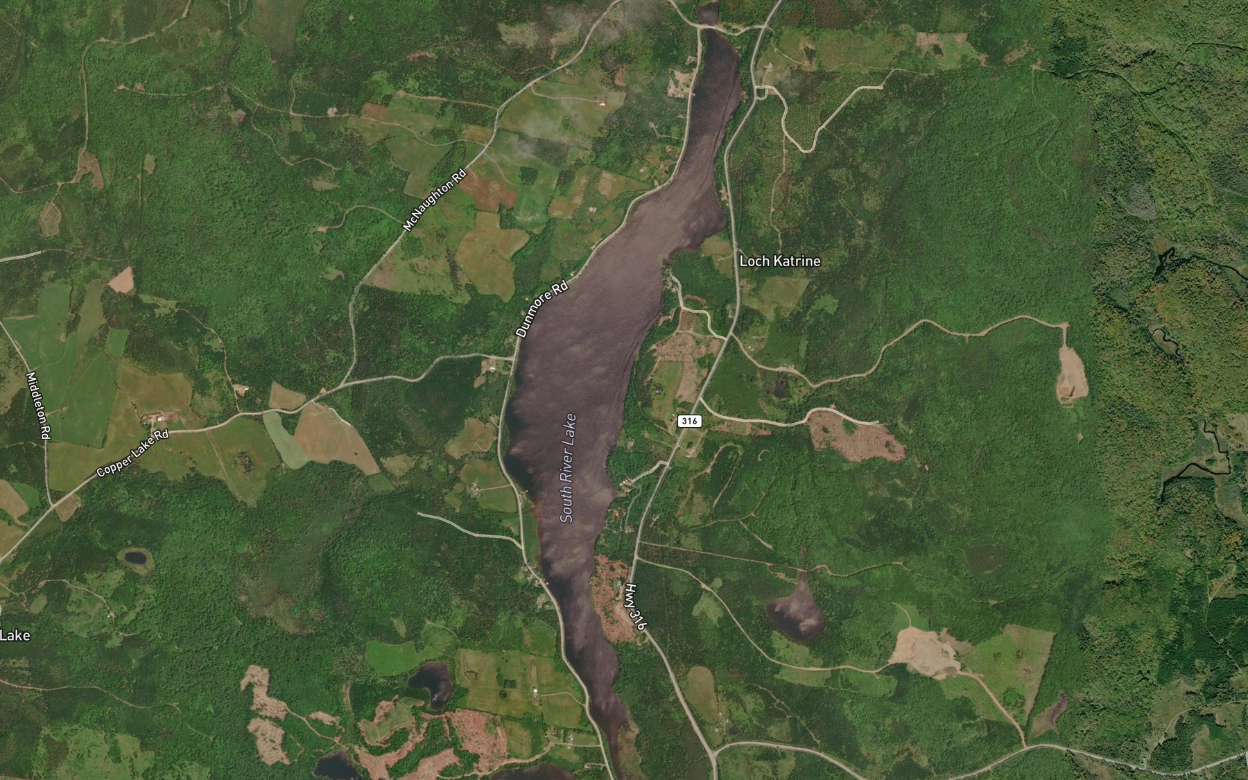 Satellite map of the South River Lake