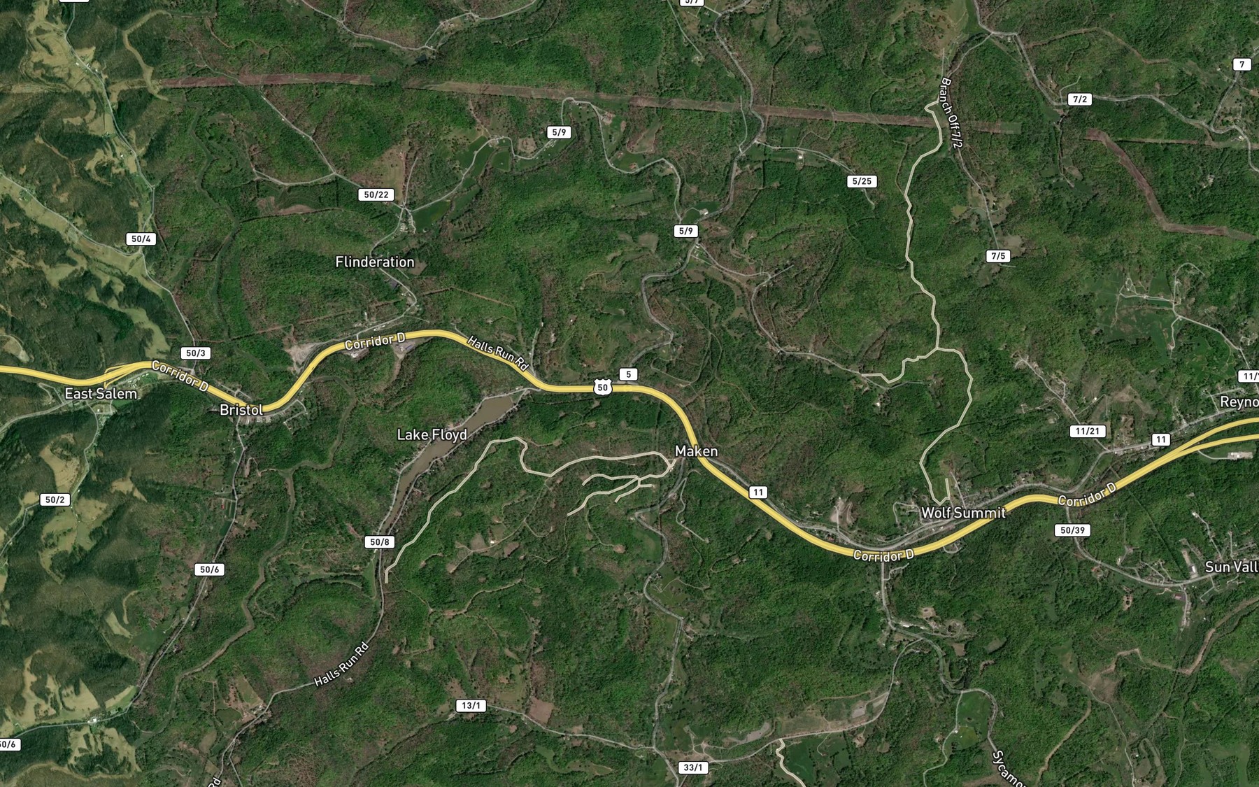 Satellite map of the Halls Run