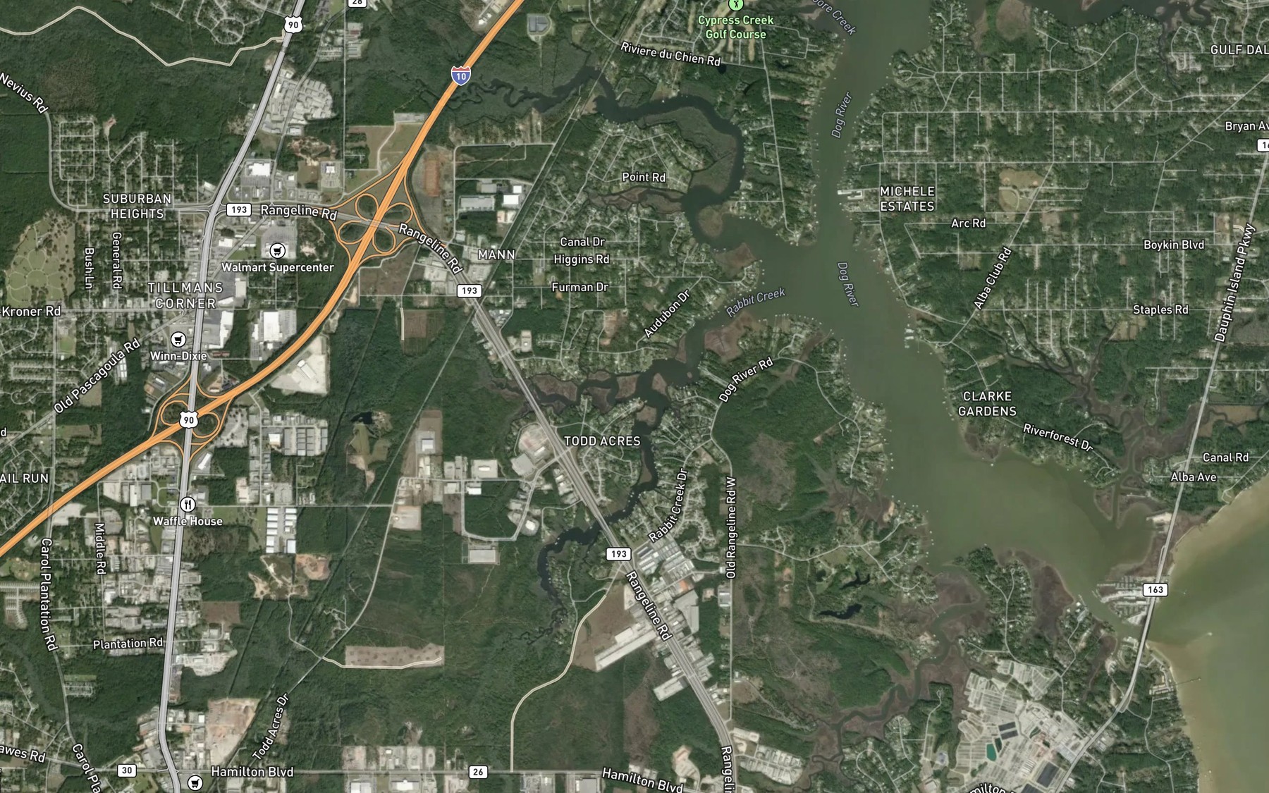 Satellite map of the Rattlesnake Bayou