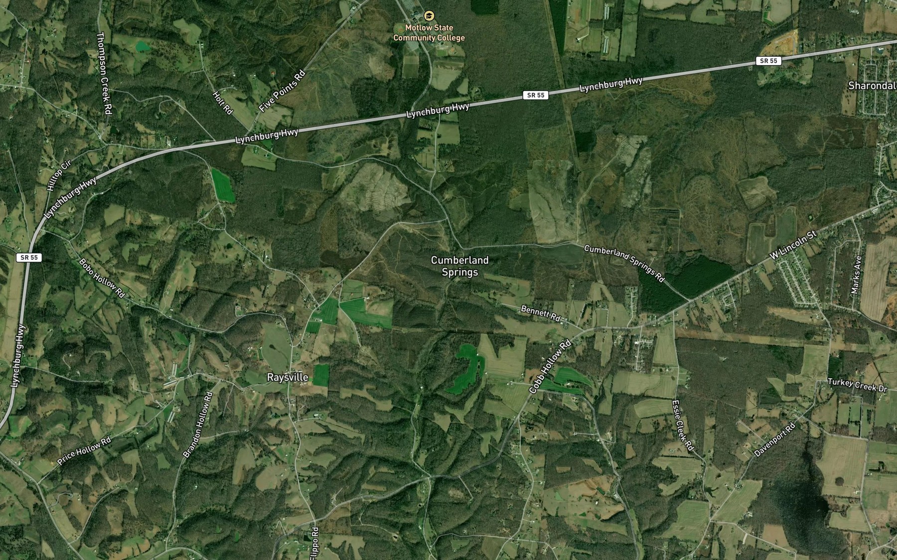 Satellite map of the Cumberland Springs Lake