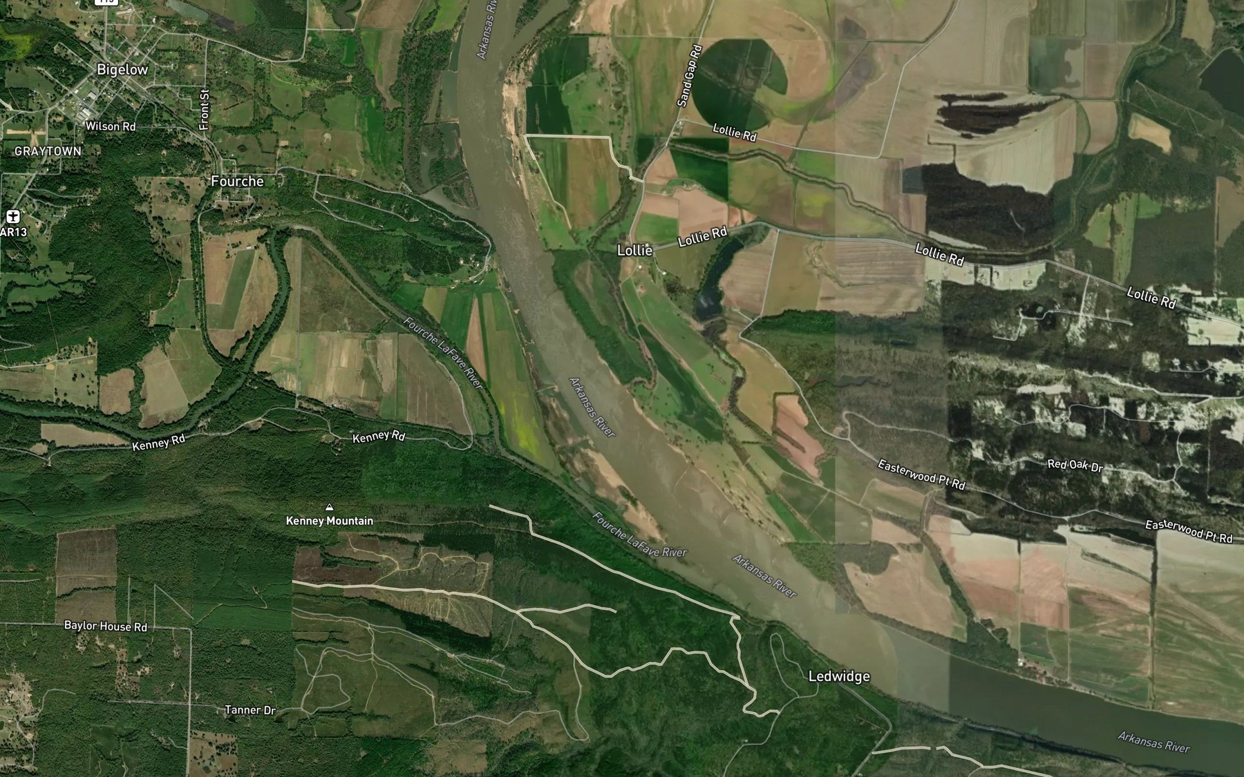 Satellite map of the Tupelo Bayou
