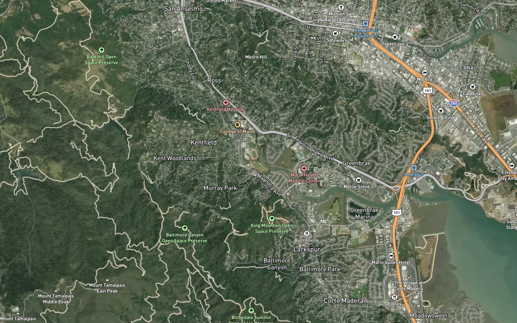 Satellite map of the Tamalpais Creek