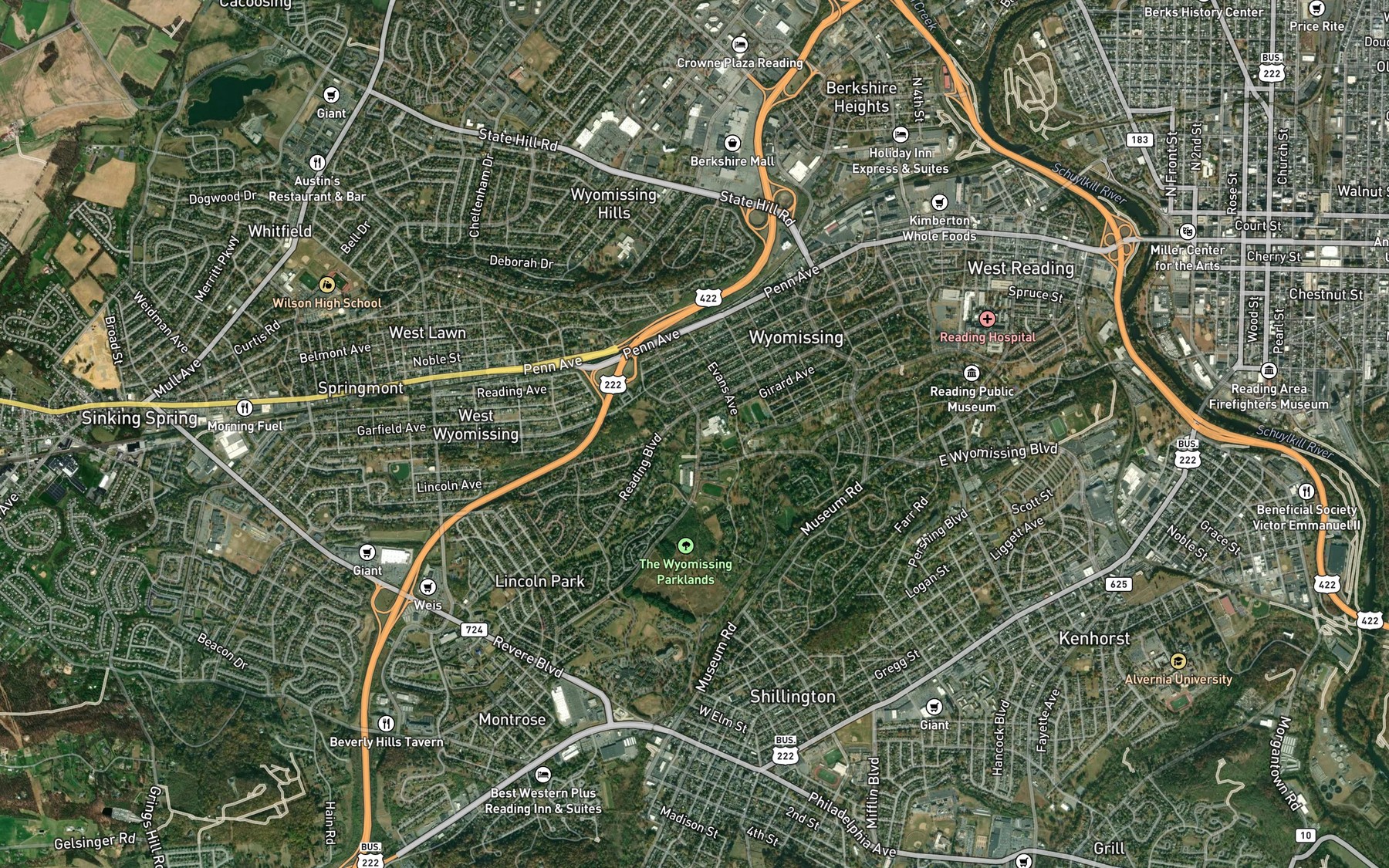 Satellite map of the Wyomissing Borough Pool