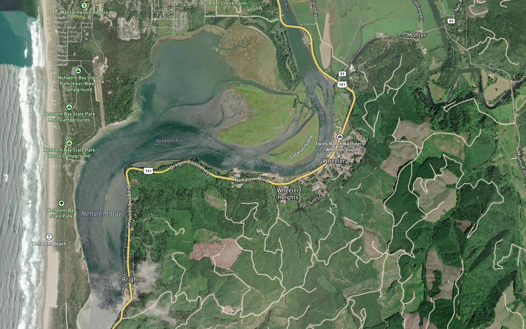 Satellite map of the Nehalem Bay Estuary