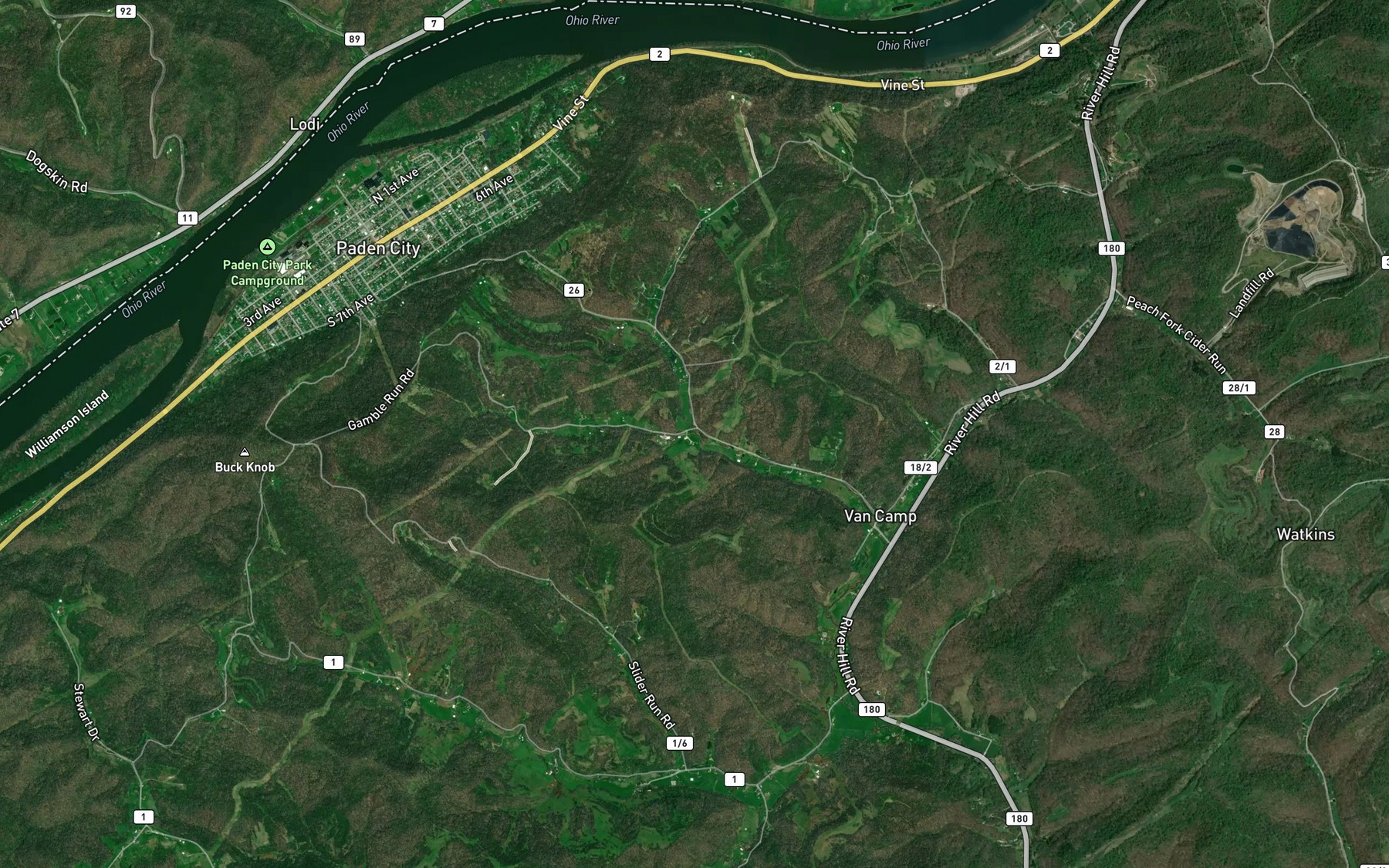 Satellite map of the Gamble Run