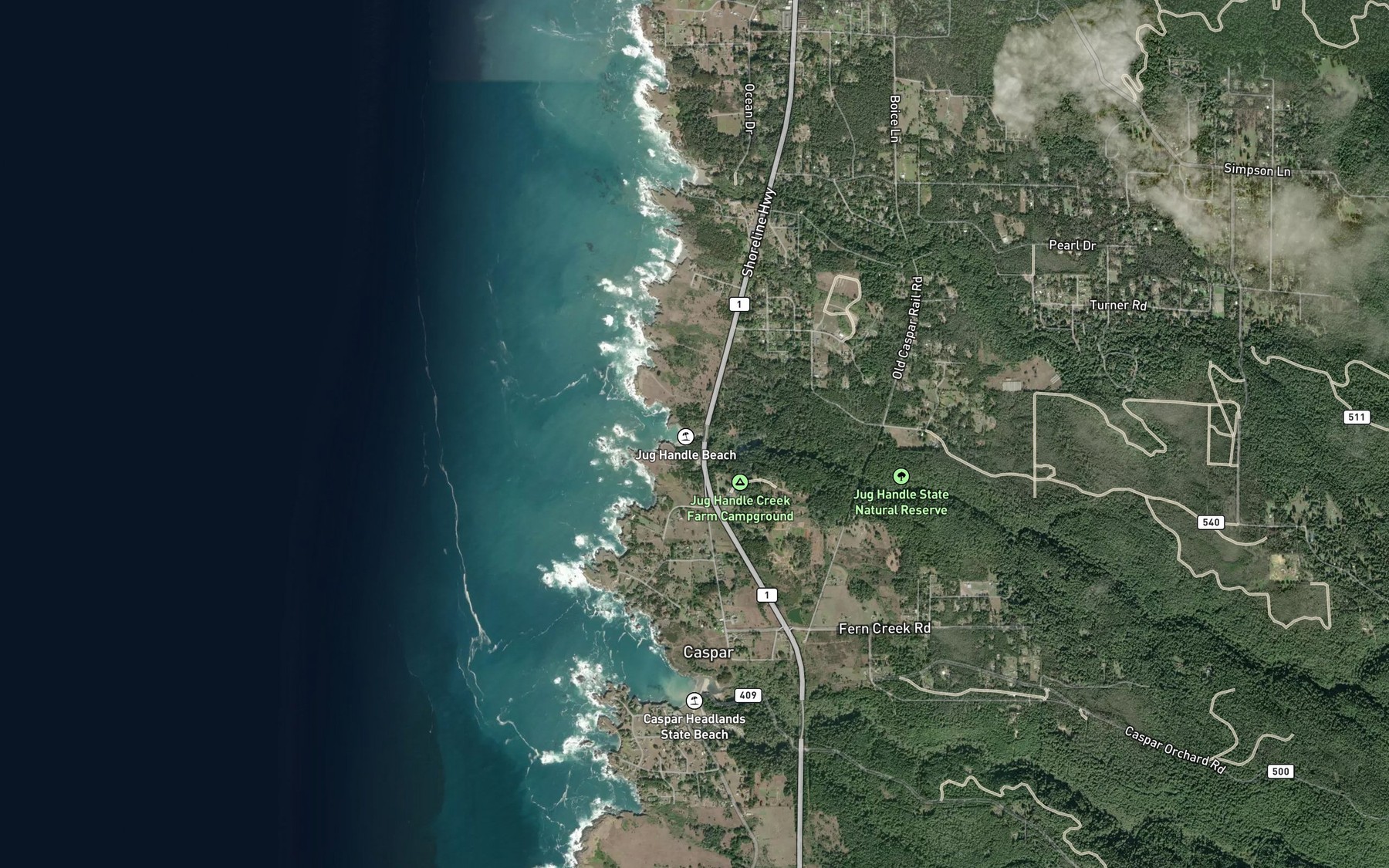 Satellite map of the Jug Handle Creek