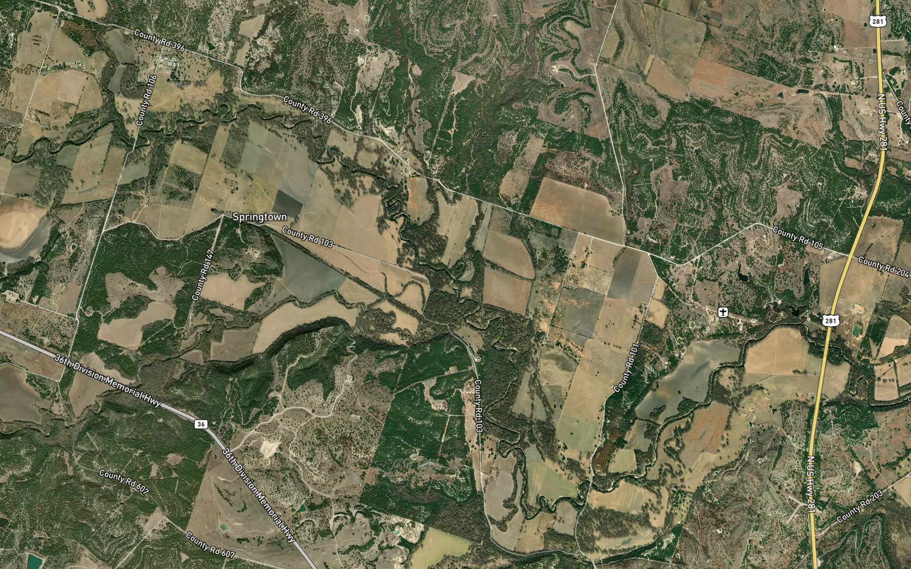 Satellite map of the Pecan Creek