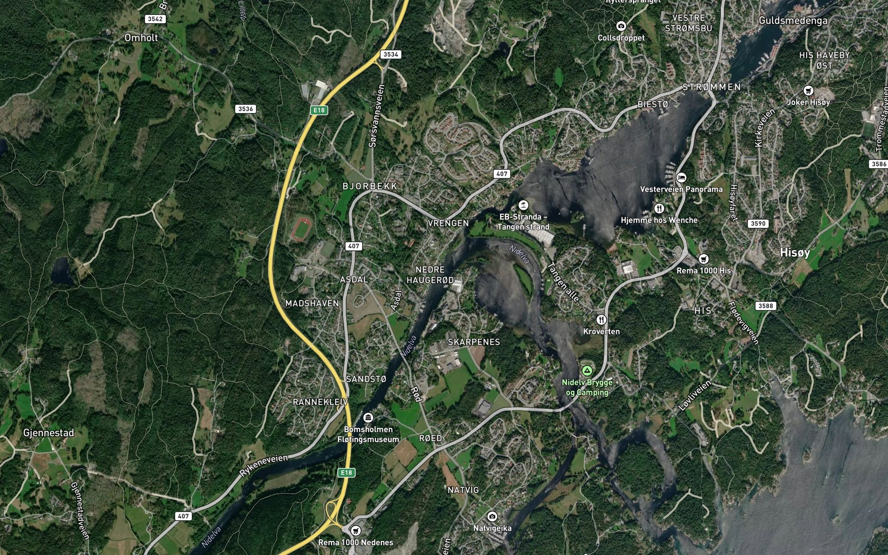 Satellite map of the Nidelva