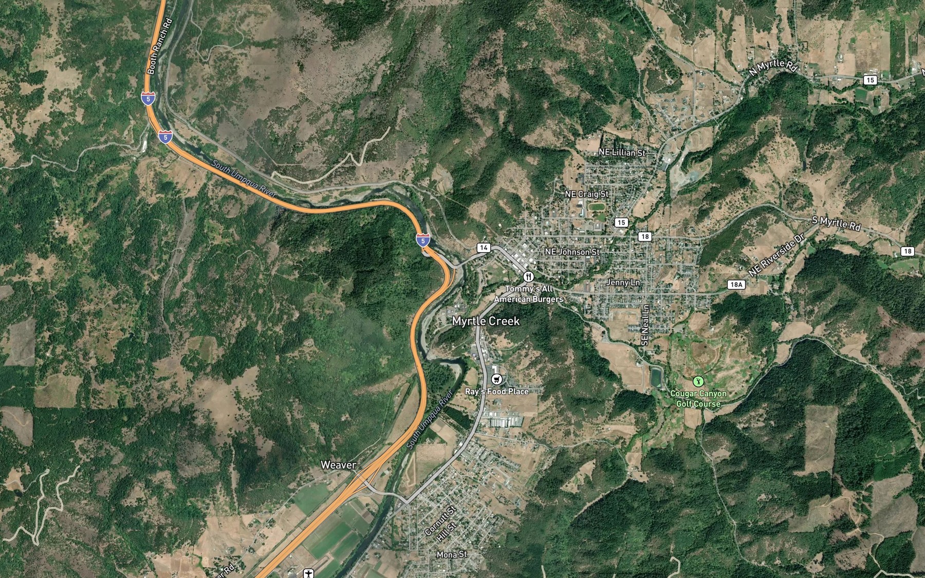 Satellite map of the Myrtle Creek
