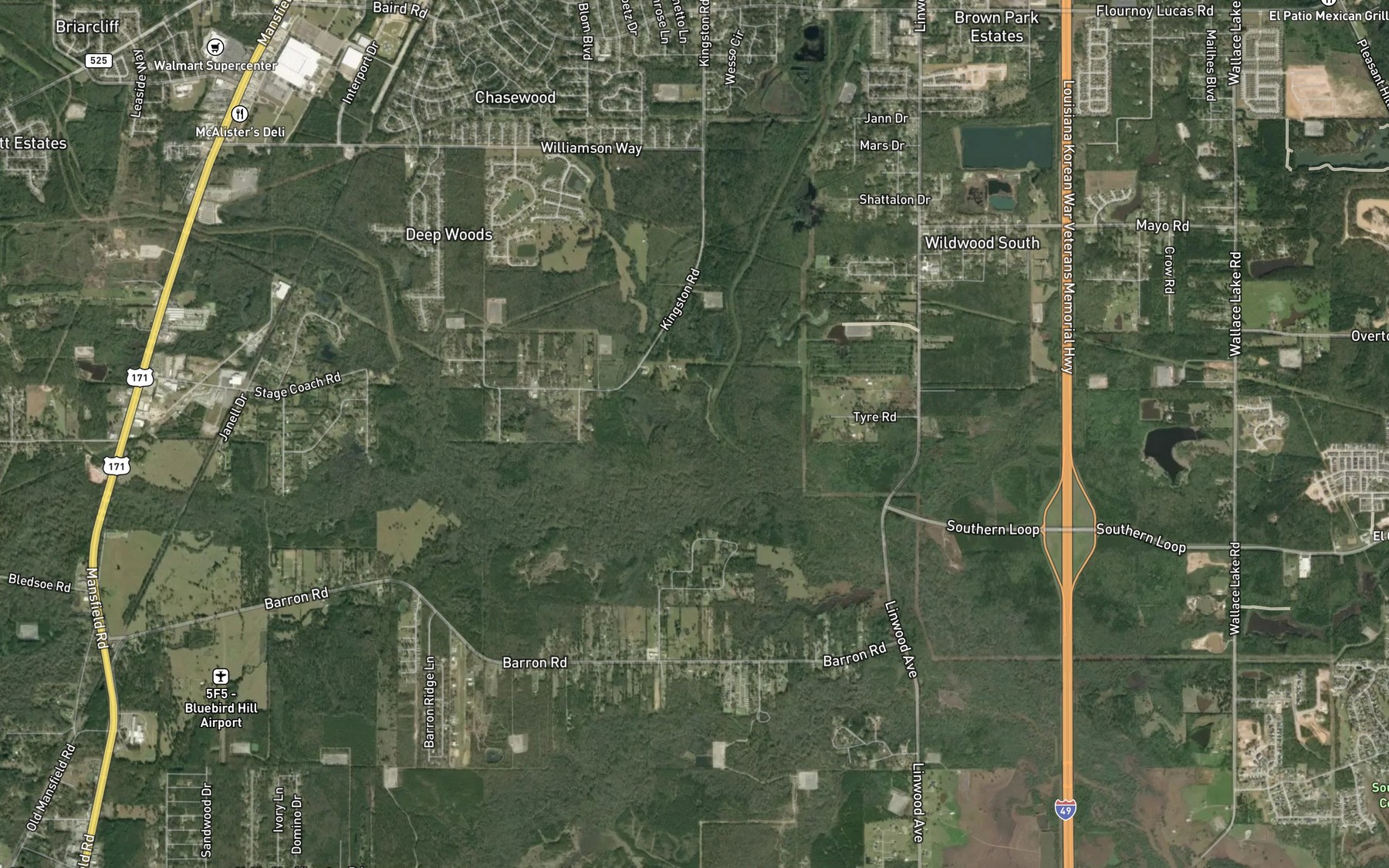 Satellite map of the Brush Bayou