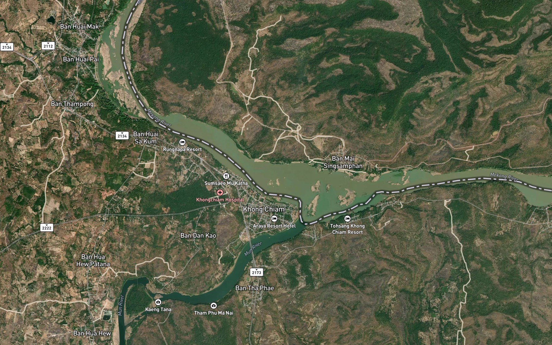 Satellite map of the Mekong River, Laos