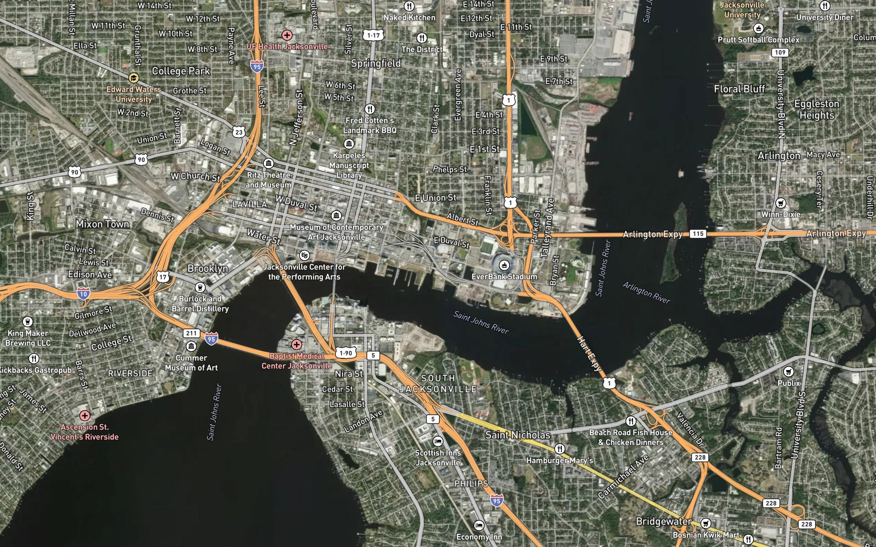 Satellite map of the Hog Creek