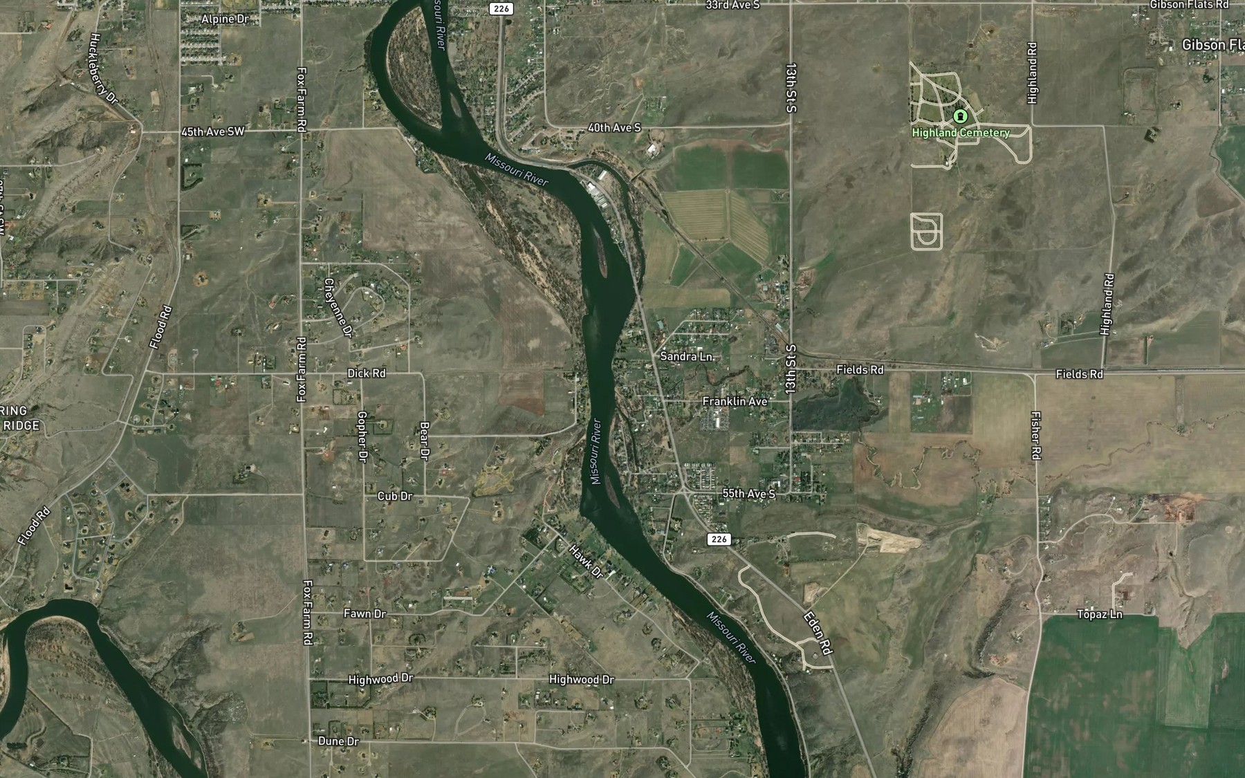 Satellite map of the Sand Coulee Creek