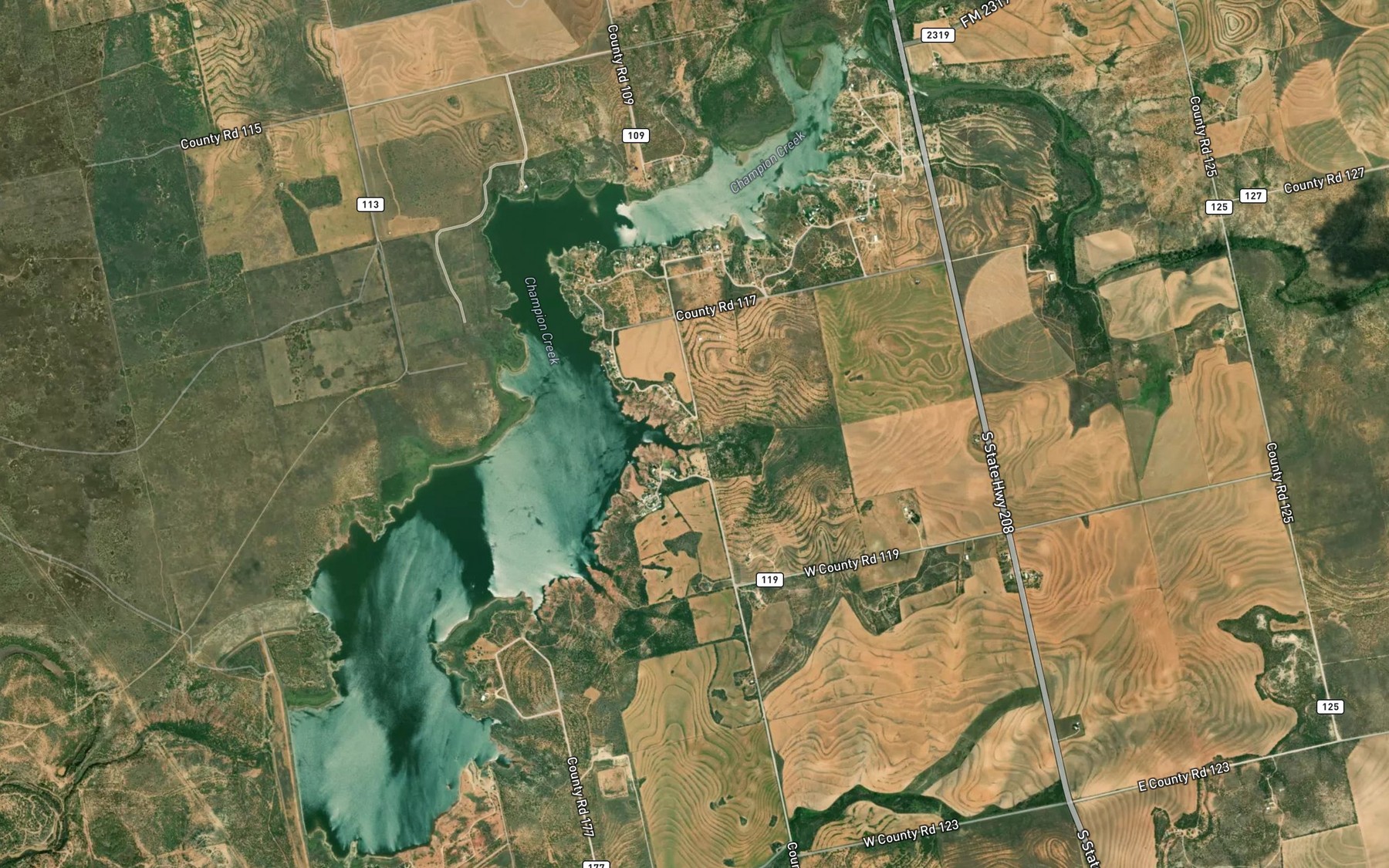 Satellite map of the Champion Creek Reservoir