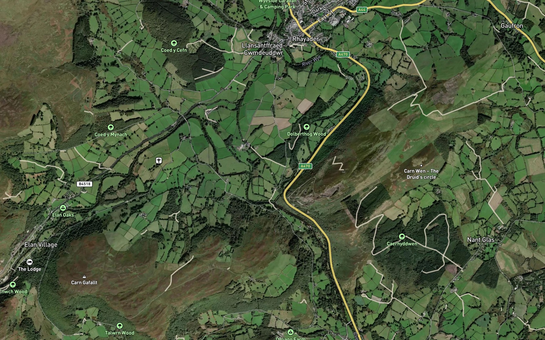 Satellite map of the Afon Elan