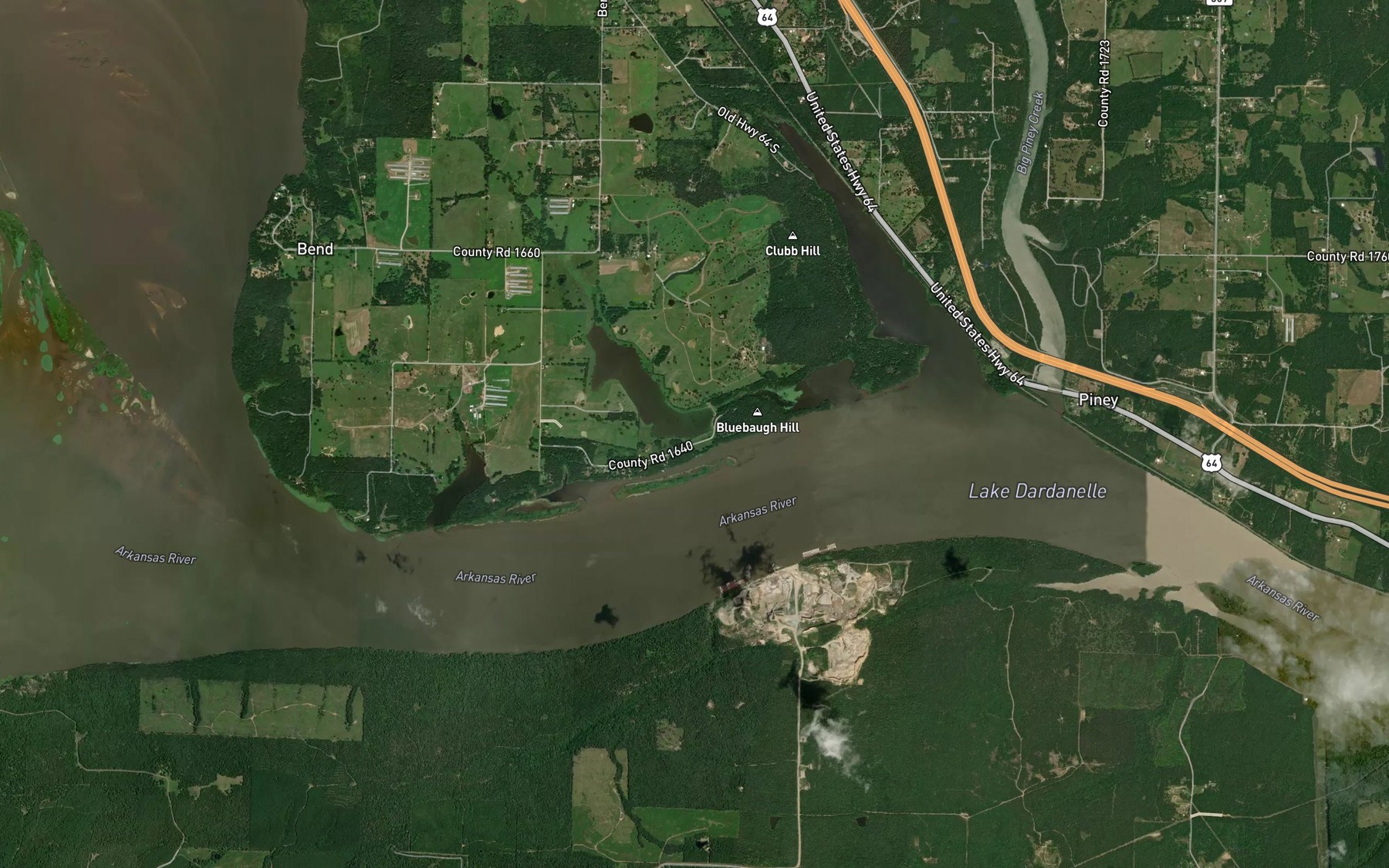 Satellite map of the Lake Dardanelle State Fish Hatchery