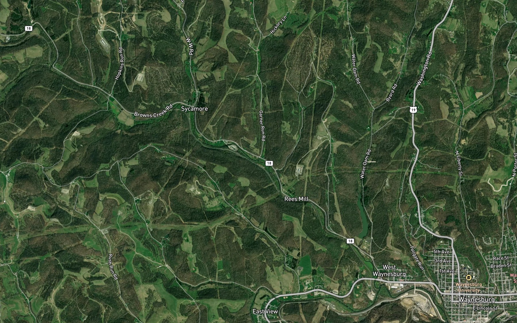 Satellite map of the Garners Run