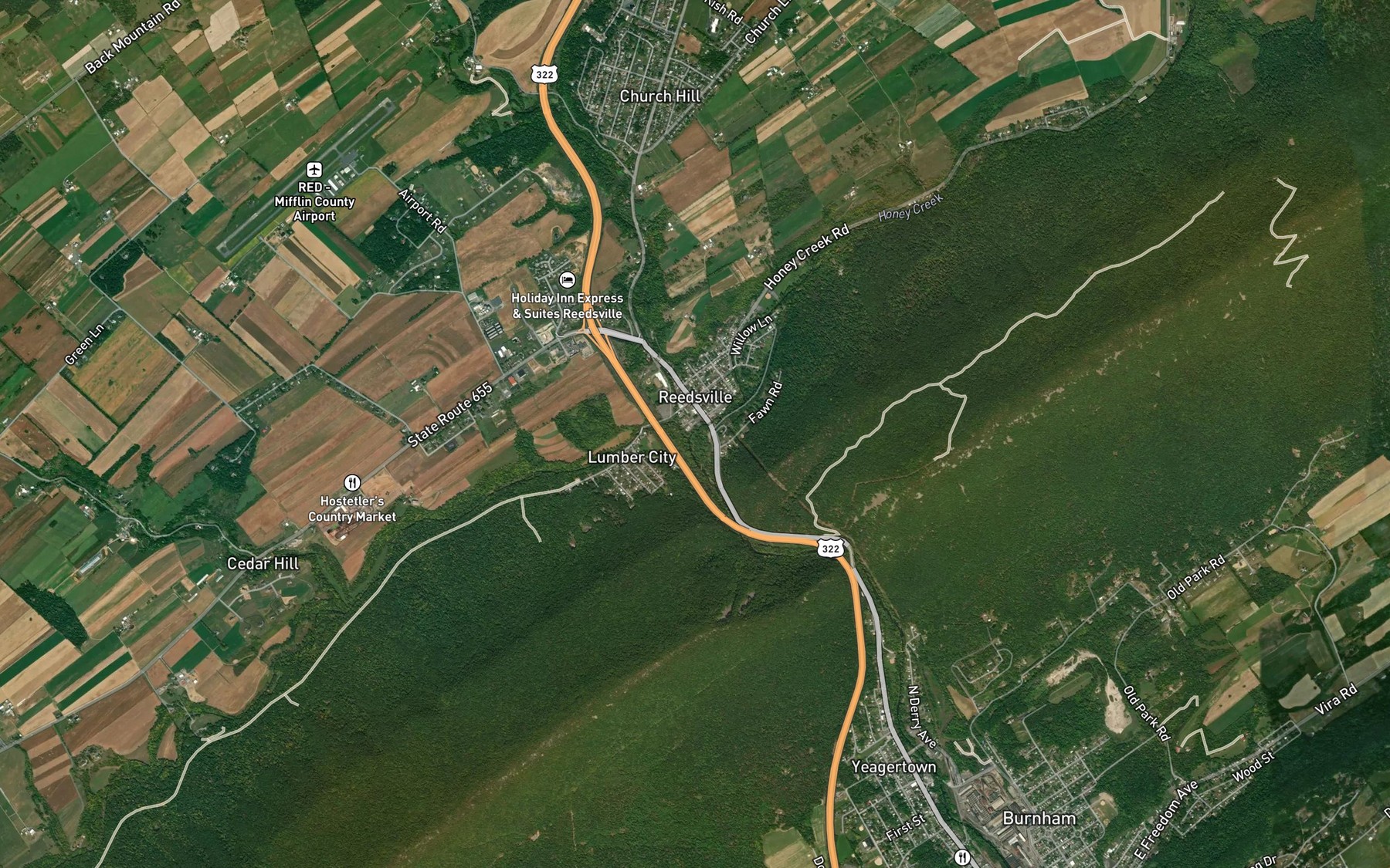 Satellite map of the Honey Creek