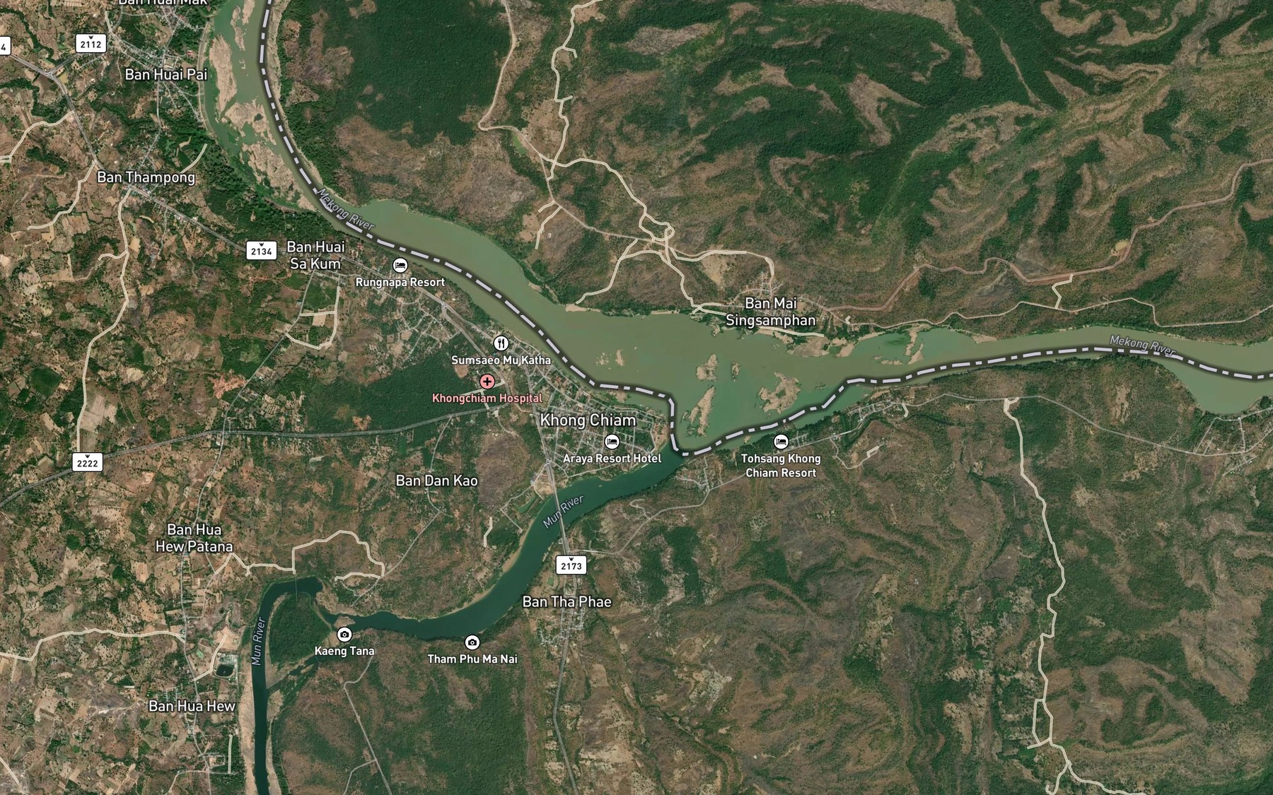 Satellite map of the Mekong River, Thailand