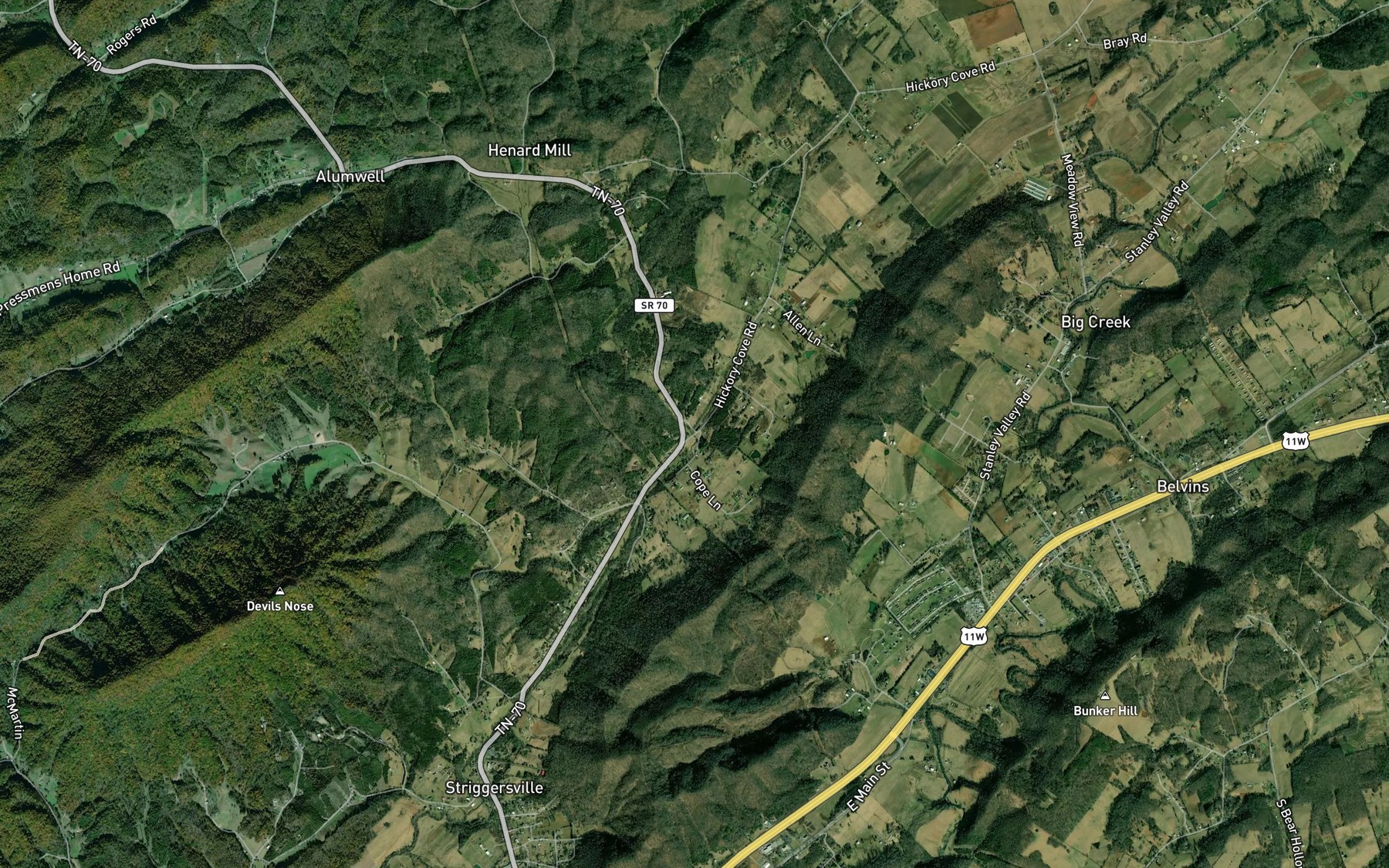 Satellite map of the West Fork Caney Creek