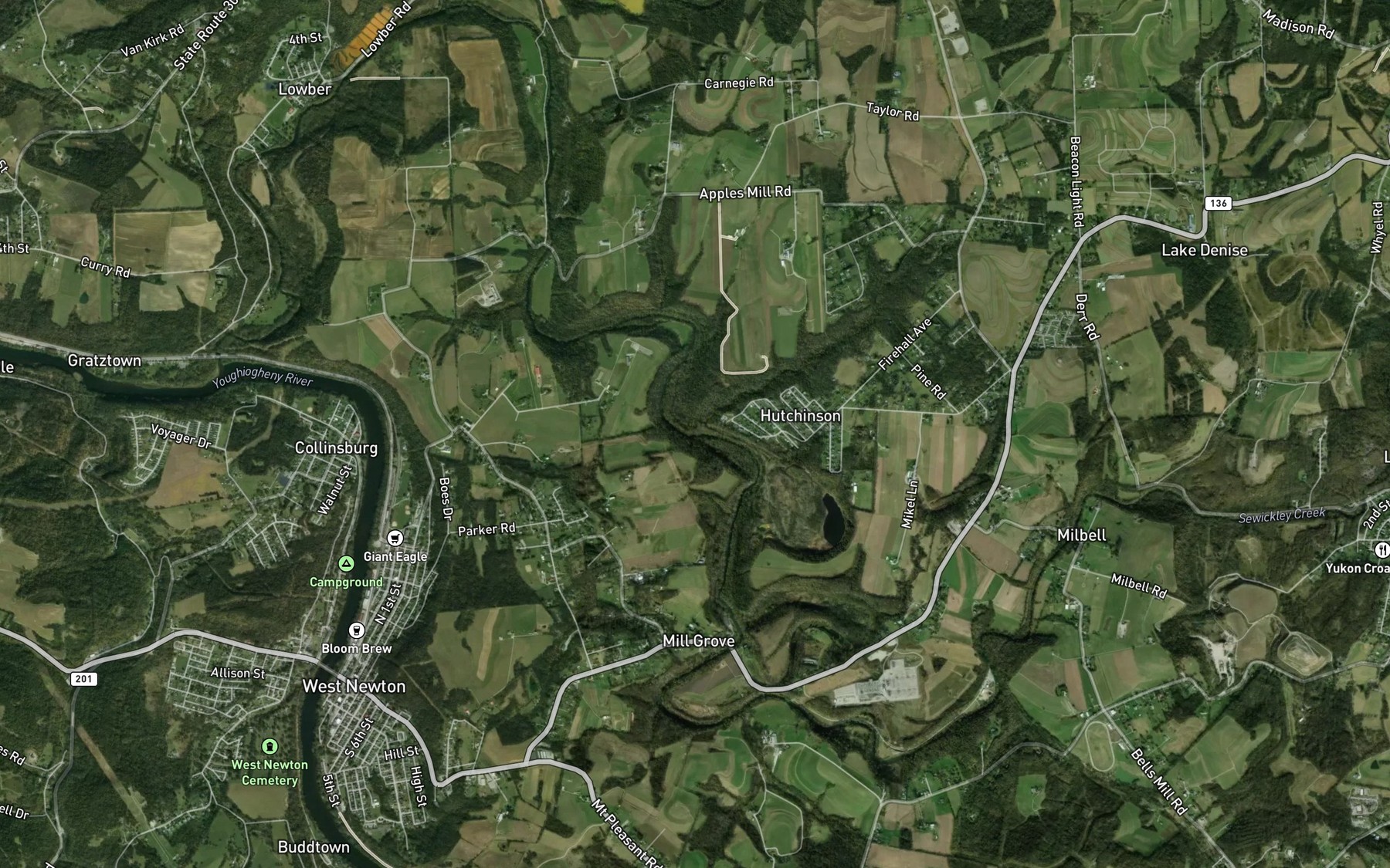 Satellite map of the Kelly Run