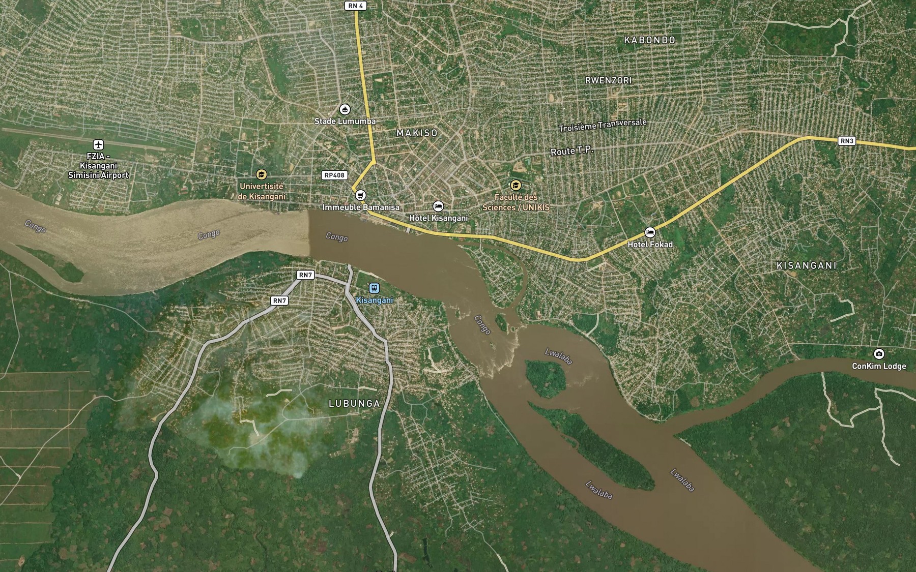 Satellite map of the Stanley Falls