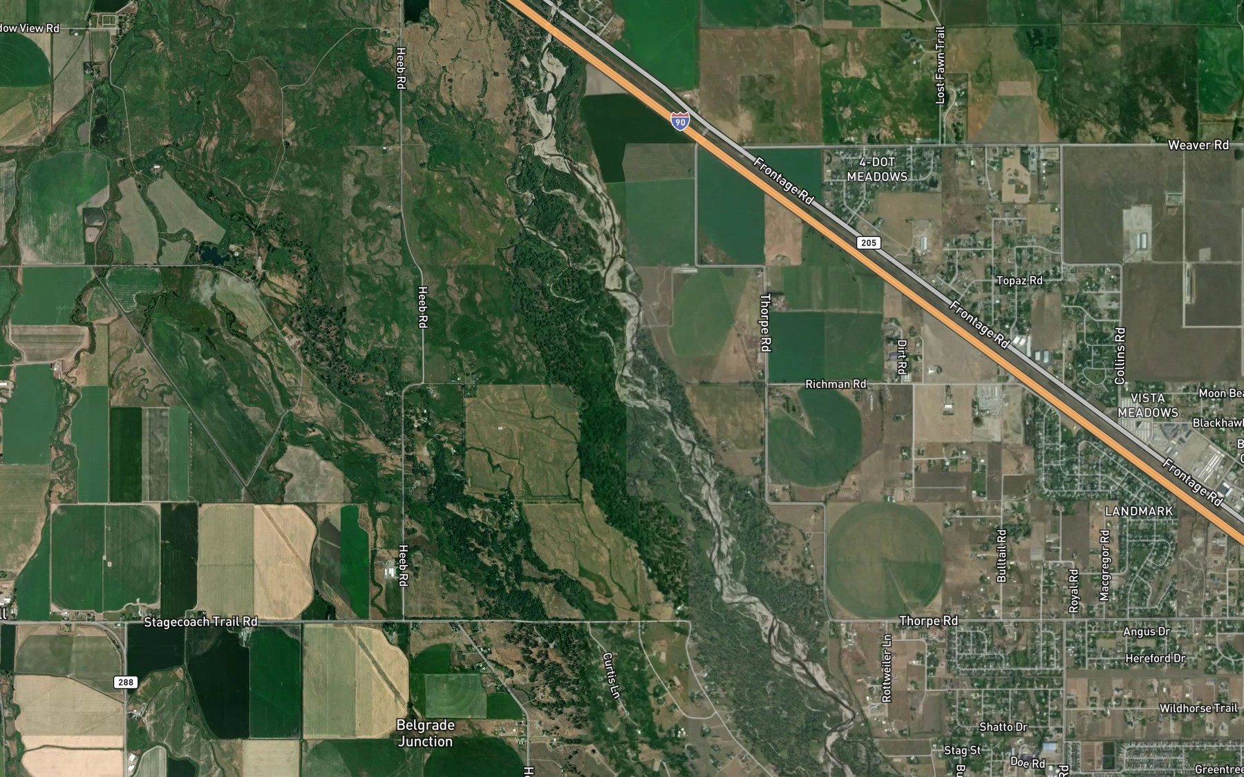 Satellite map of the Gallatin Overflow Channel